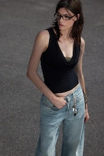 Dark Grey - Sleeveless Draped Waterfall Top - 0