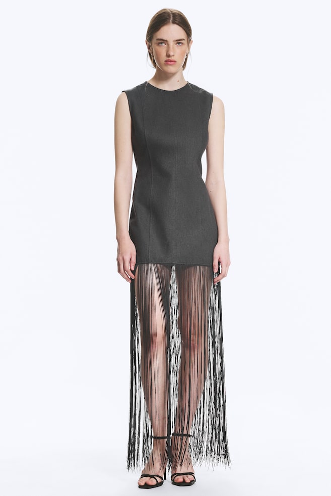 Fringe Mini Dress - Dark Grey - 1