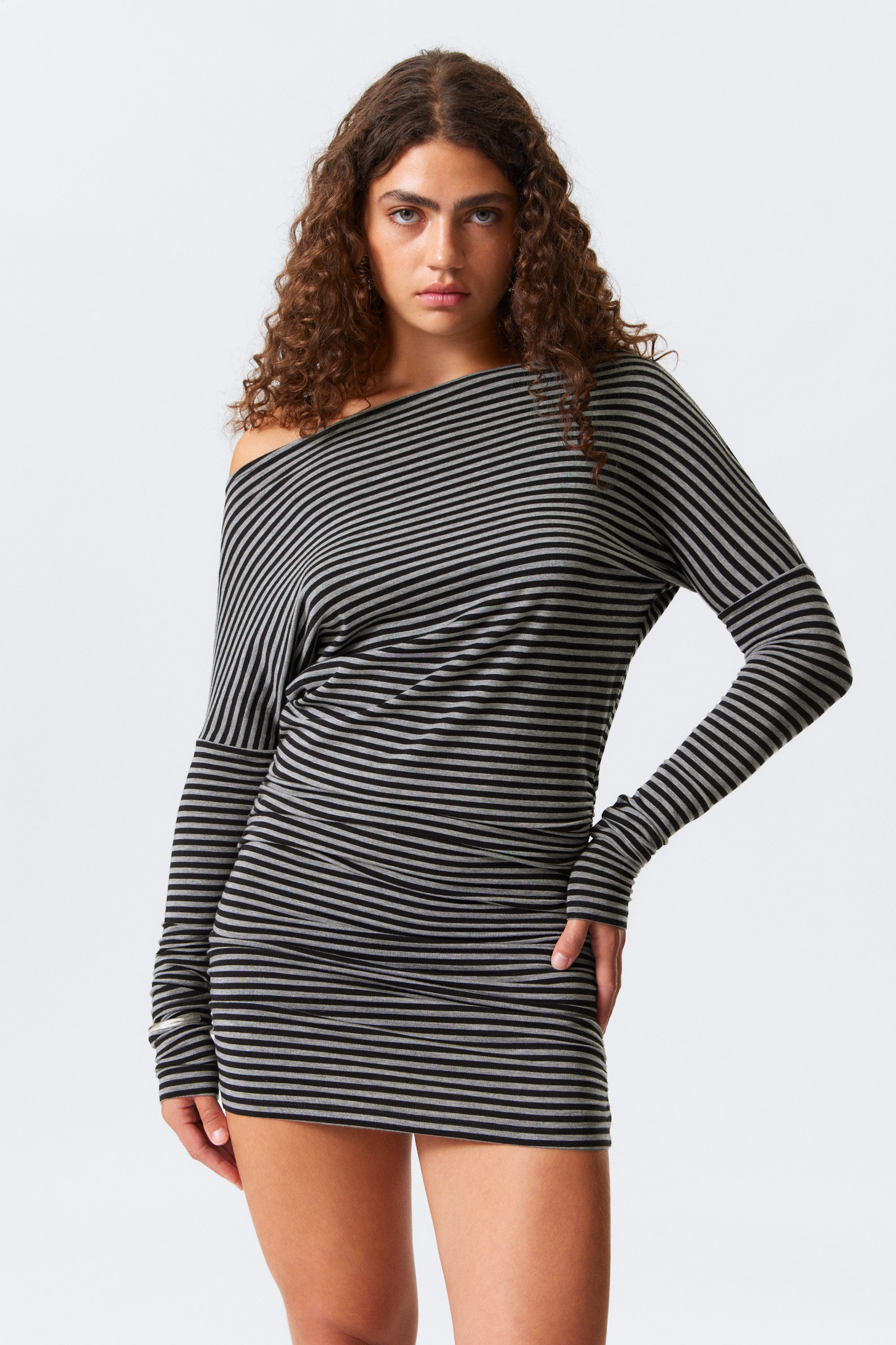 Black & Grey Stripes - Draped Asymmetric Long-Sleeved Mini Dress - 2