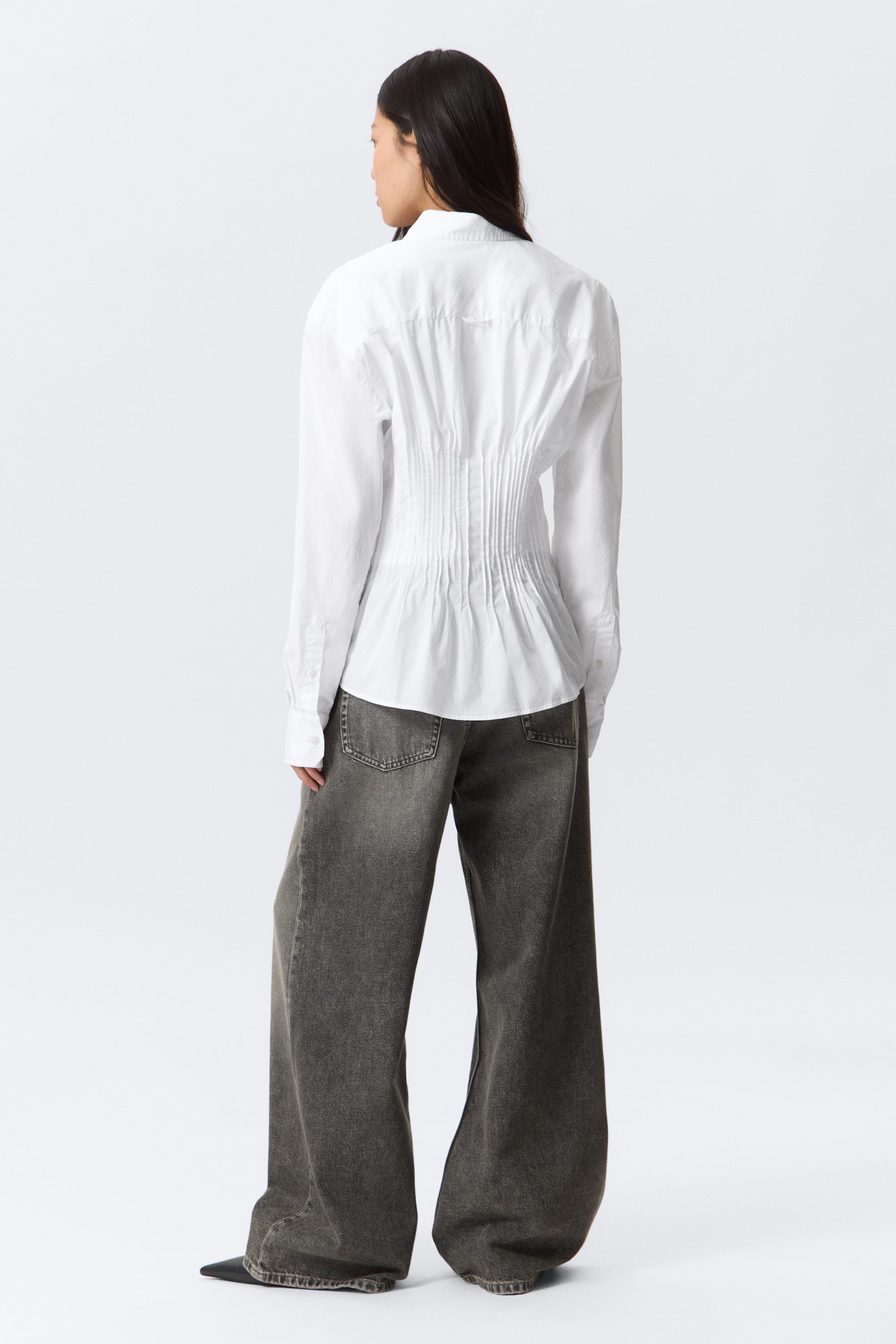 White - Gathered Waist Cotton Poplin Shirt - 3