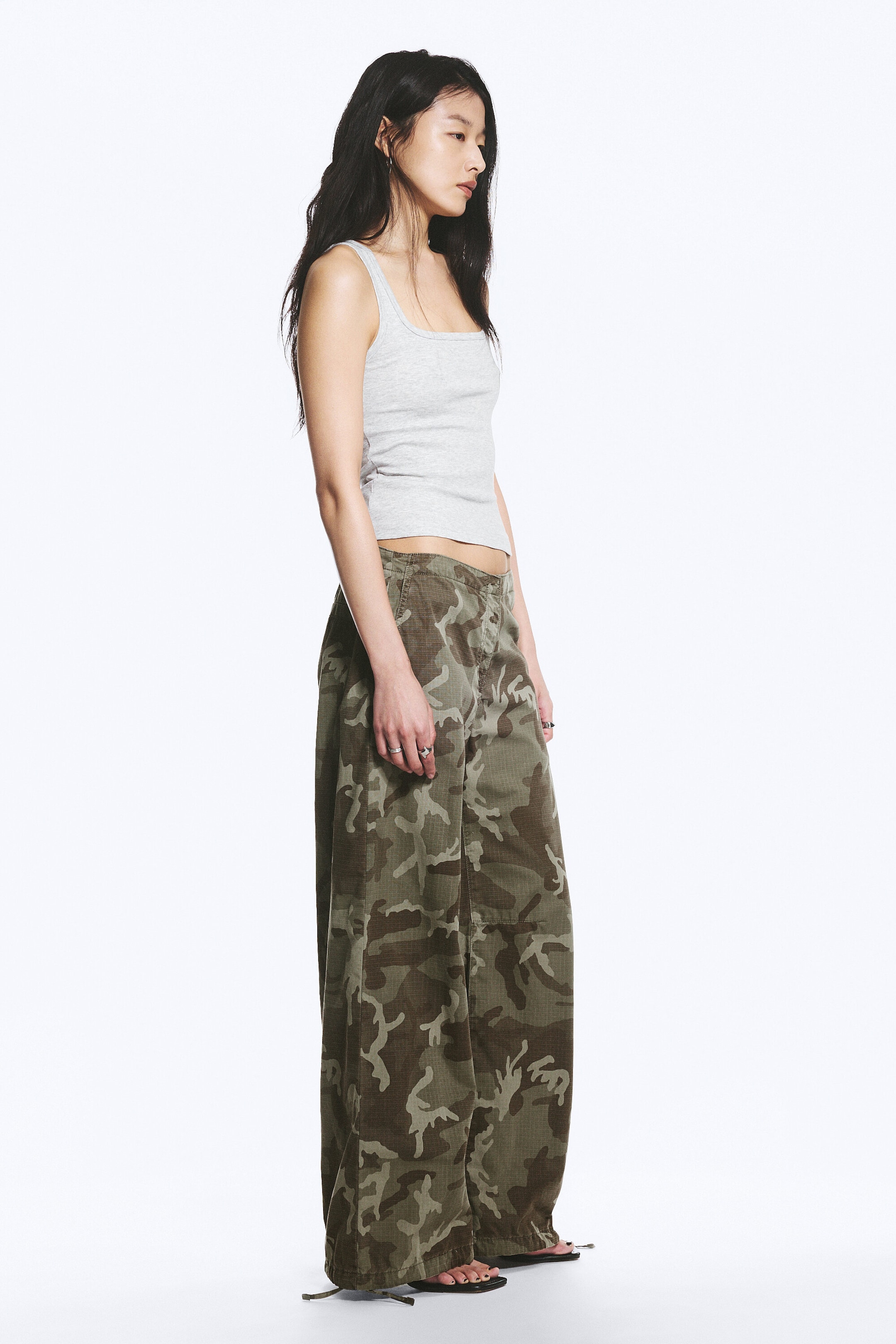 Khaki Green - Camo - Low Rise Baggy Ripstop Trousers - 3