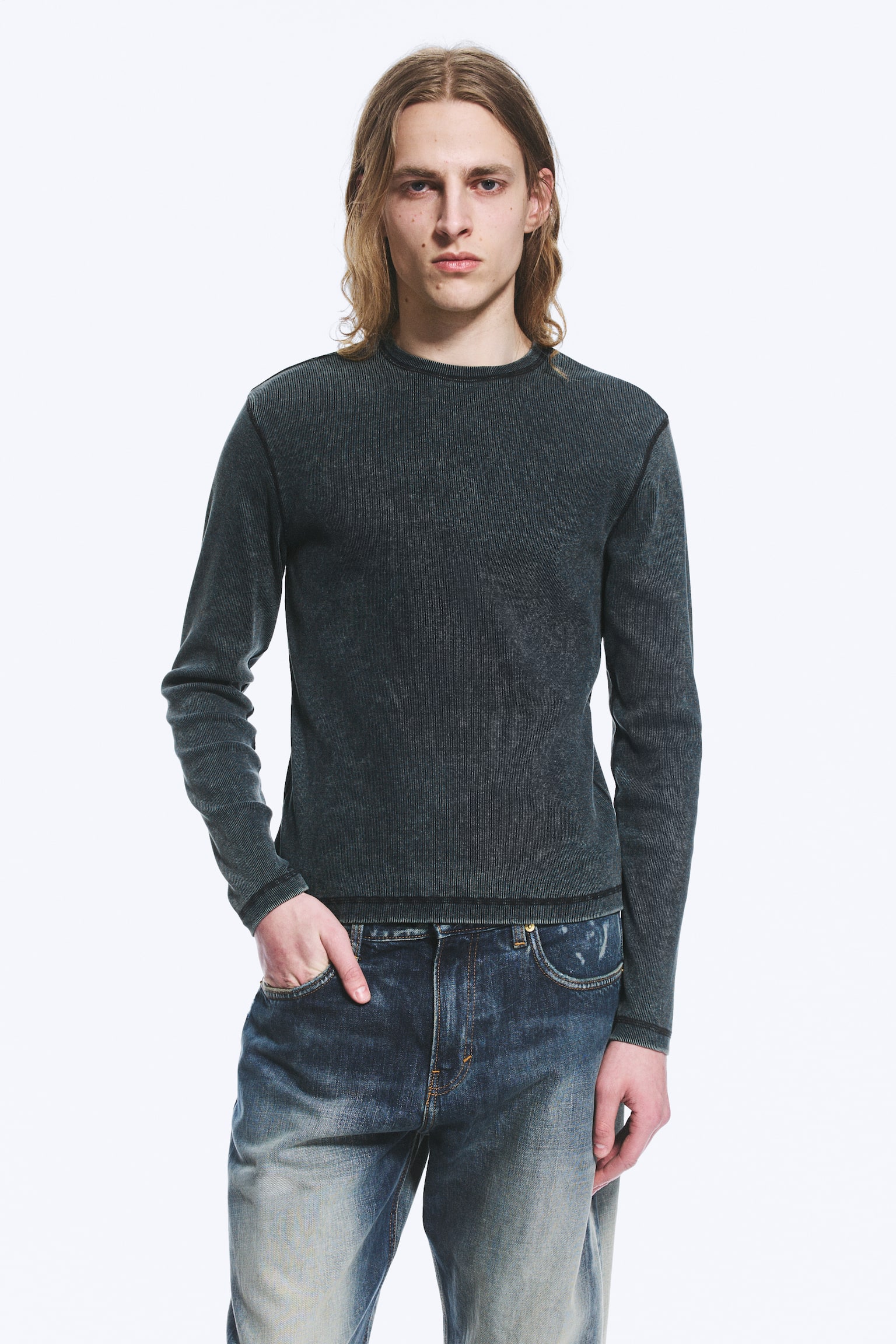 Ribbet langærmet T-shirt - Mørkeblå/Forvasket blå/Forvasket sort/Grå/Mørkegrøn - 1