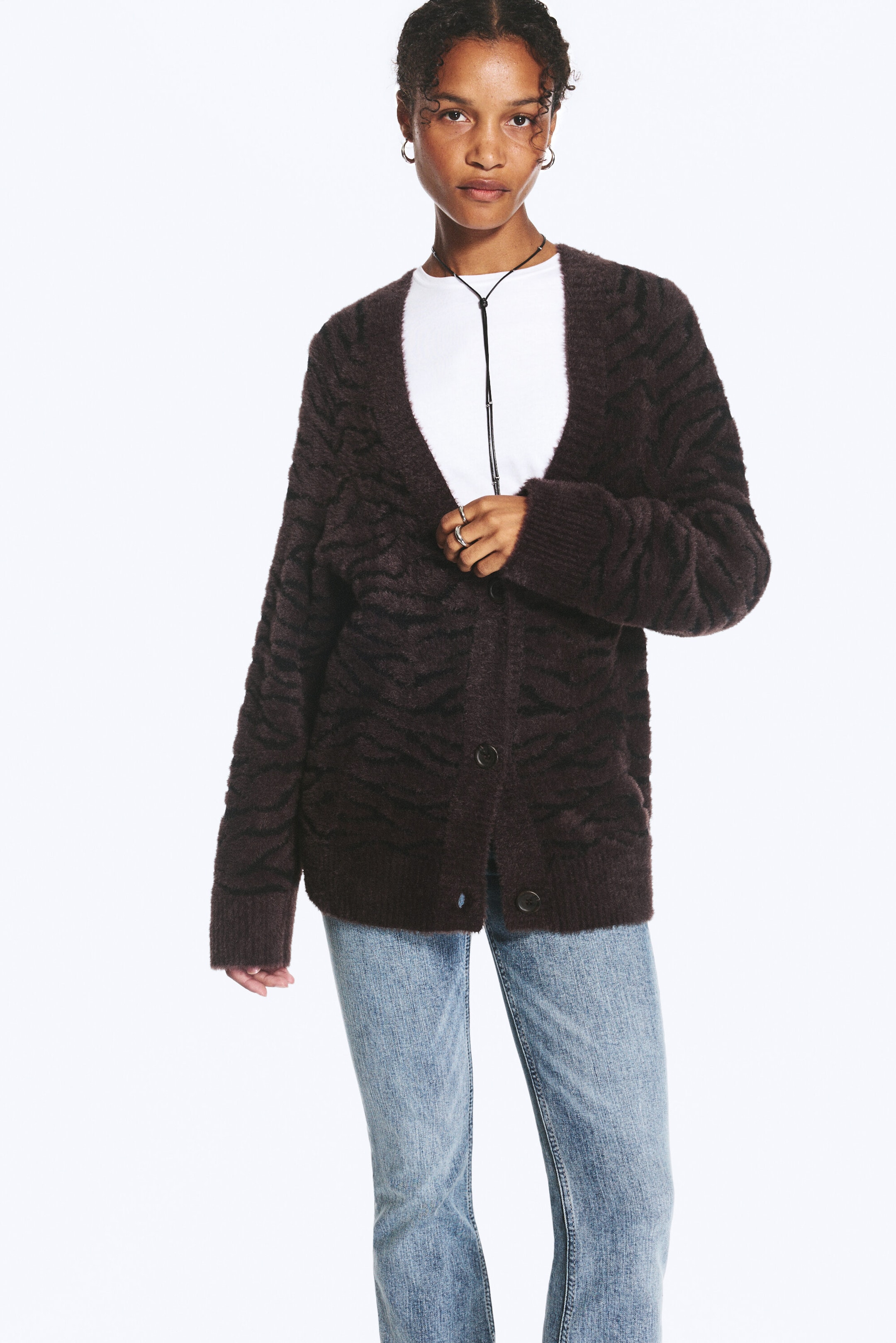 Motif zèbre marron foncé - Cardigan oversize à col en V - 2