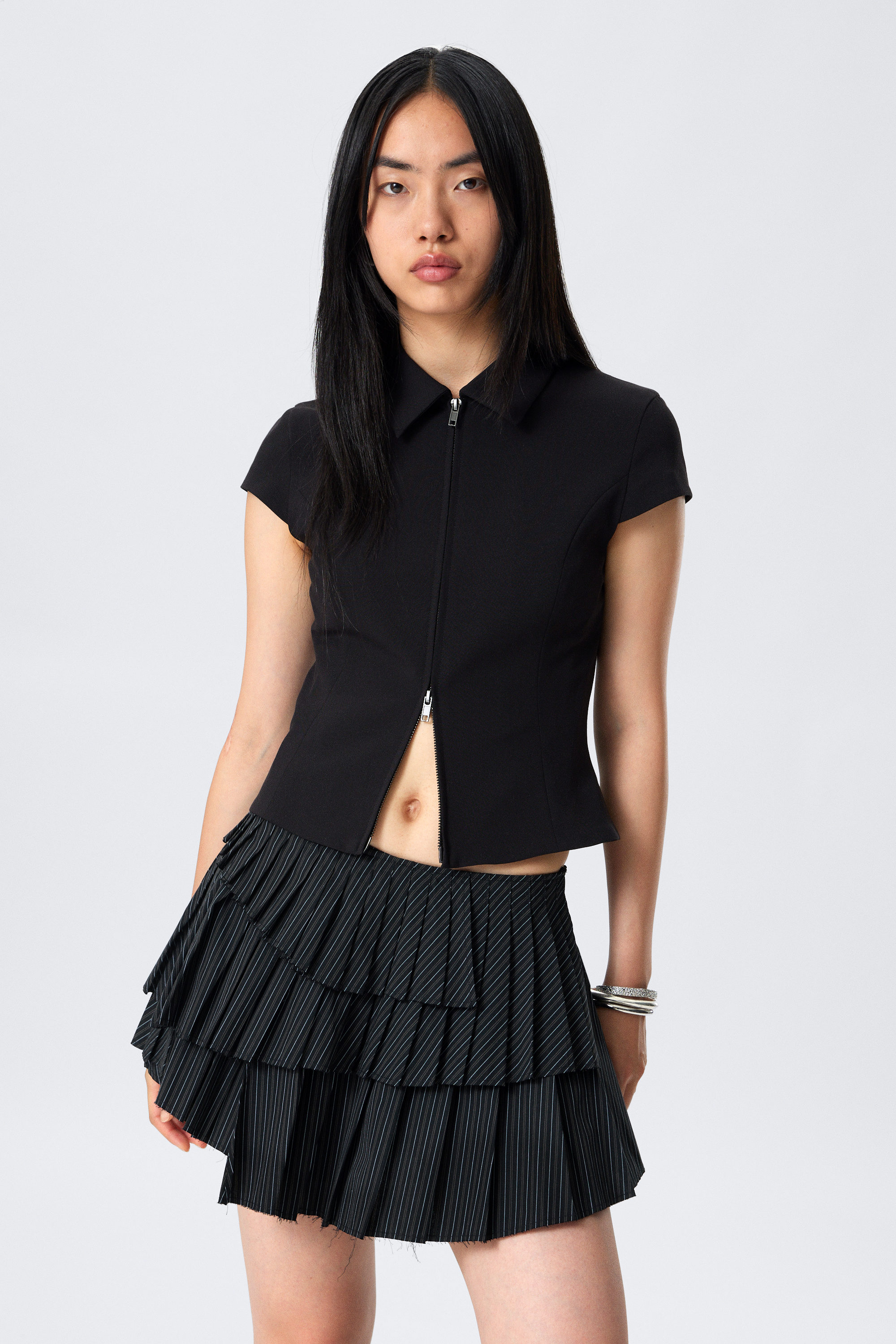 Striped Black - Pleated Layered Mini Skirt - 2