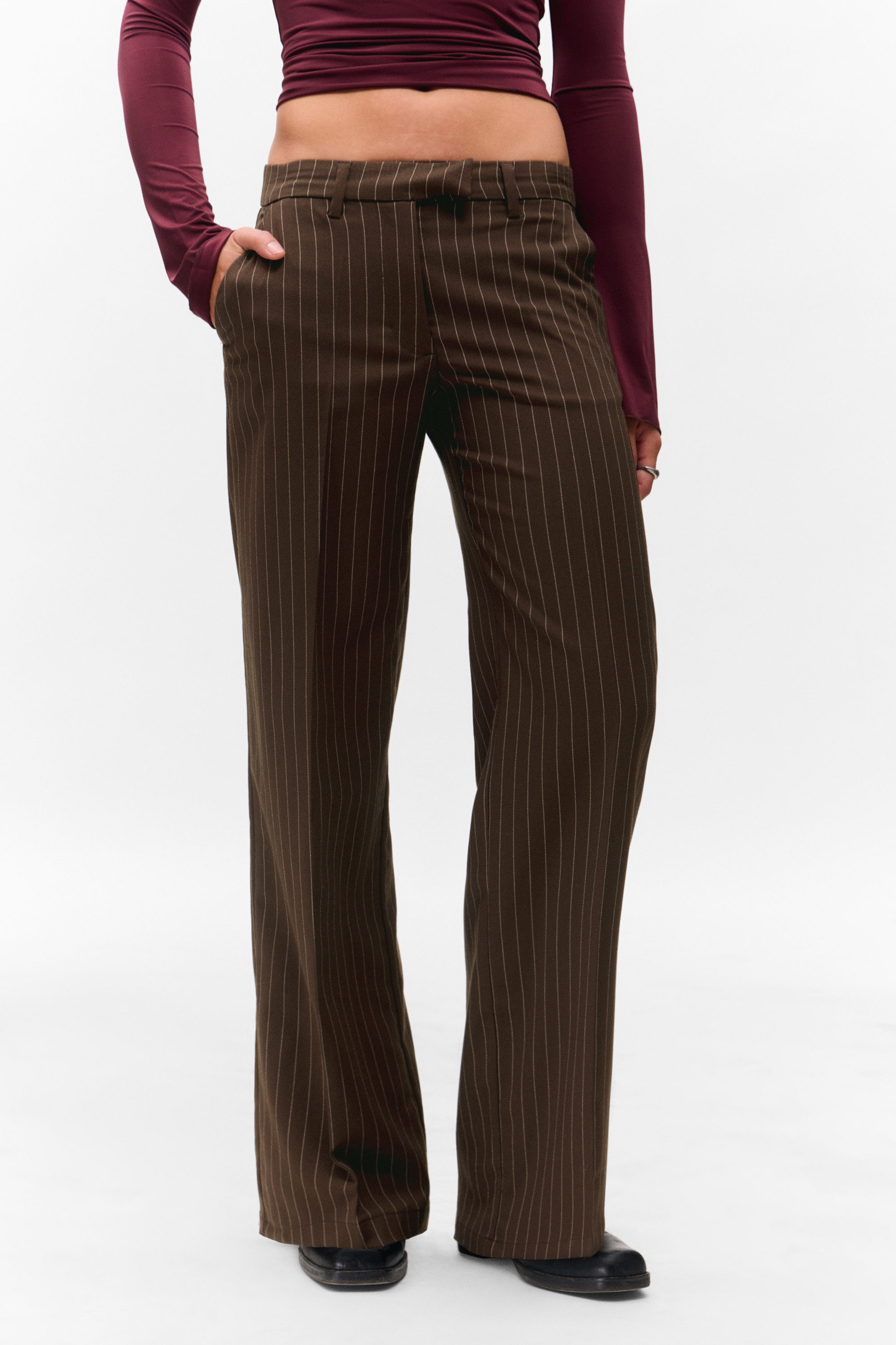 Bruine krijtstreep - Kostuumbroek met lage taille - 2
