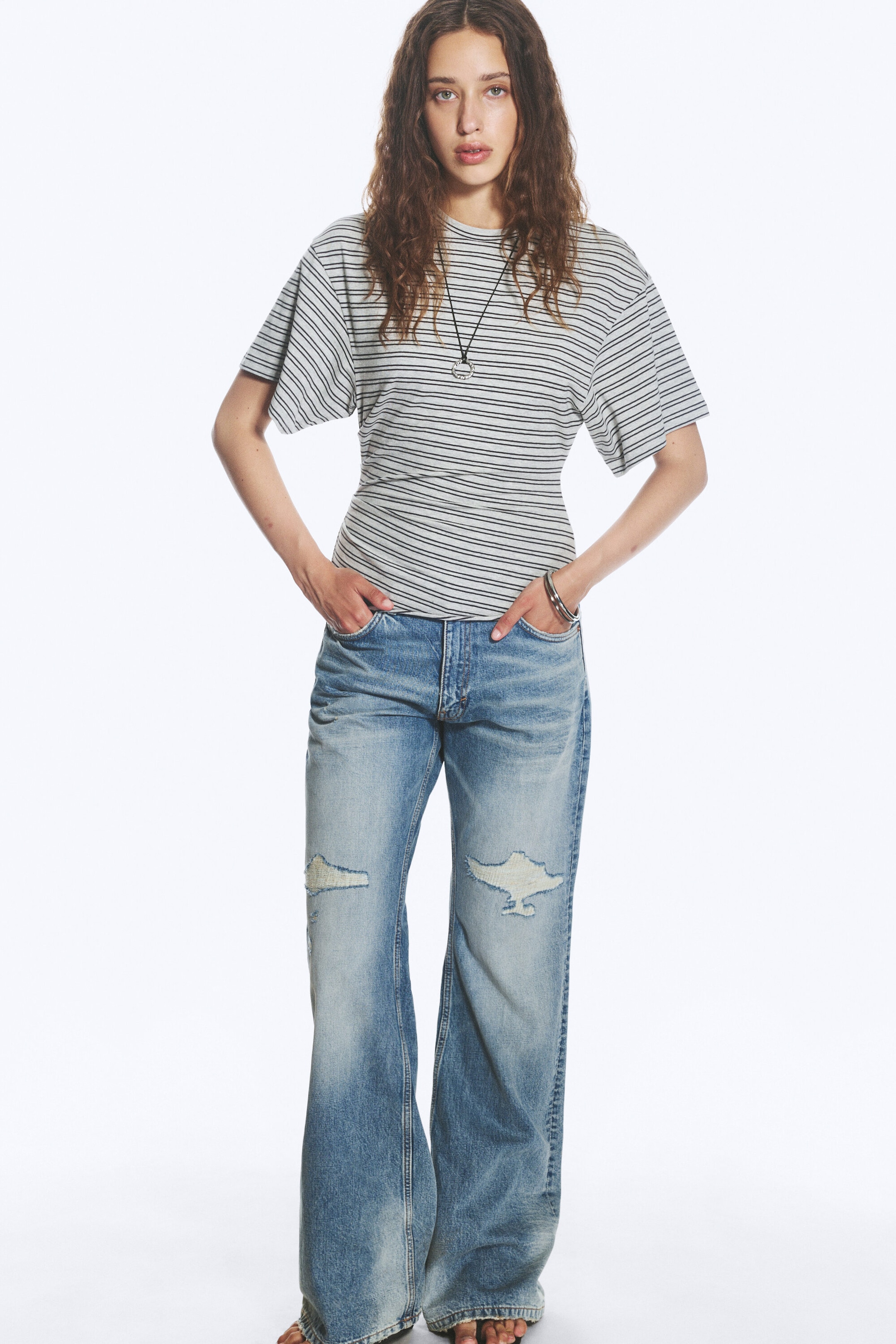 Light Dusty Grey Melange - DRAPED FITTED T-SHIRT - 1