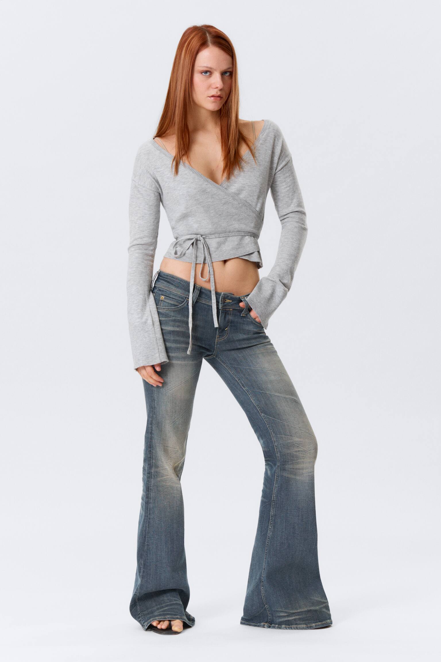 Cardigan avvolgente a V - Grigio mélange/Nero/Rosa chiaro - 5