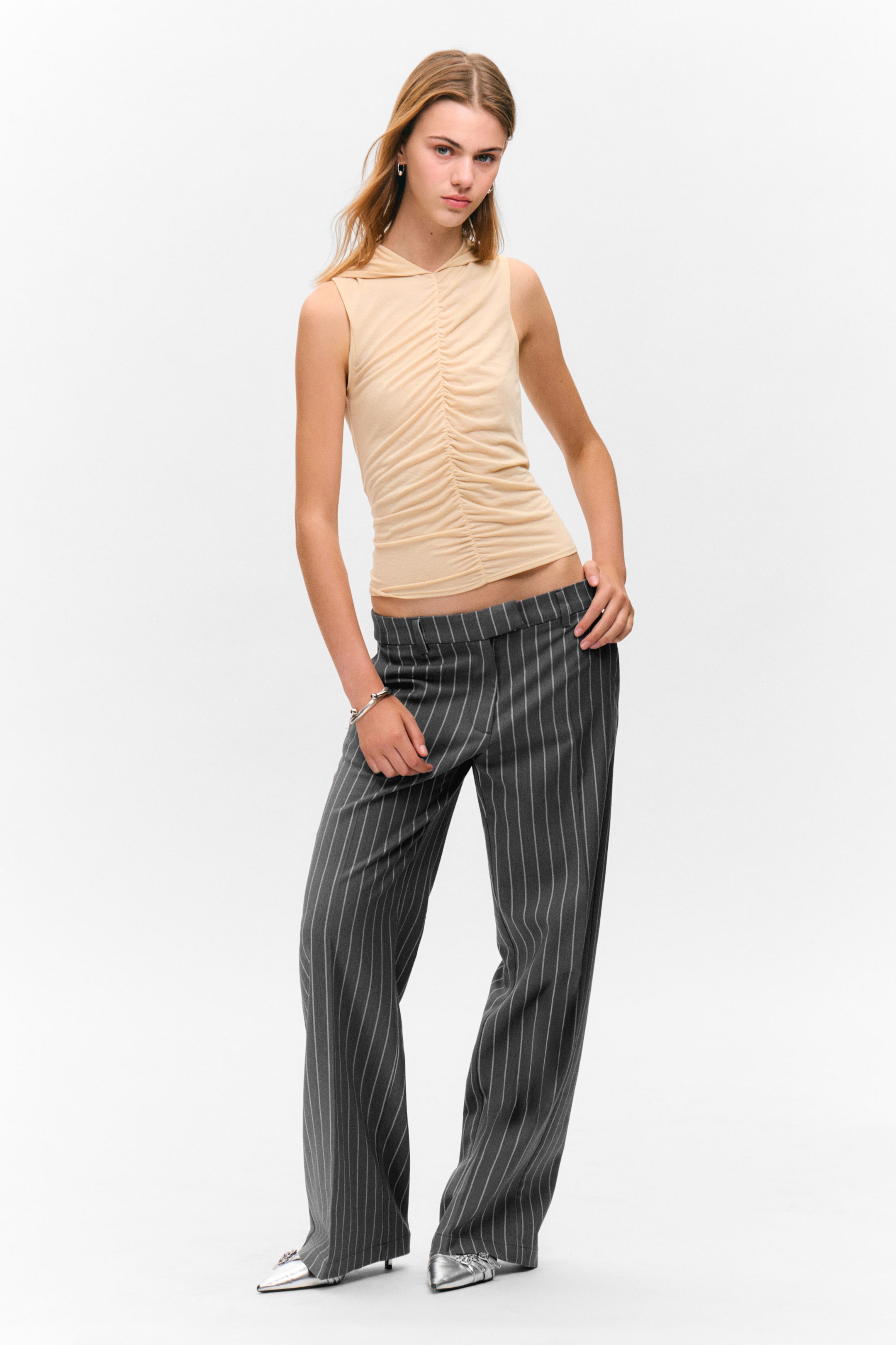 Striped Dark Grey - Low Waisted Pleated Suiting Trousers - 1
