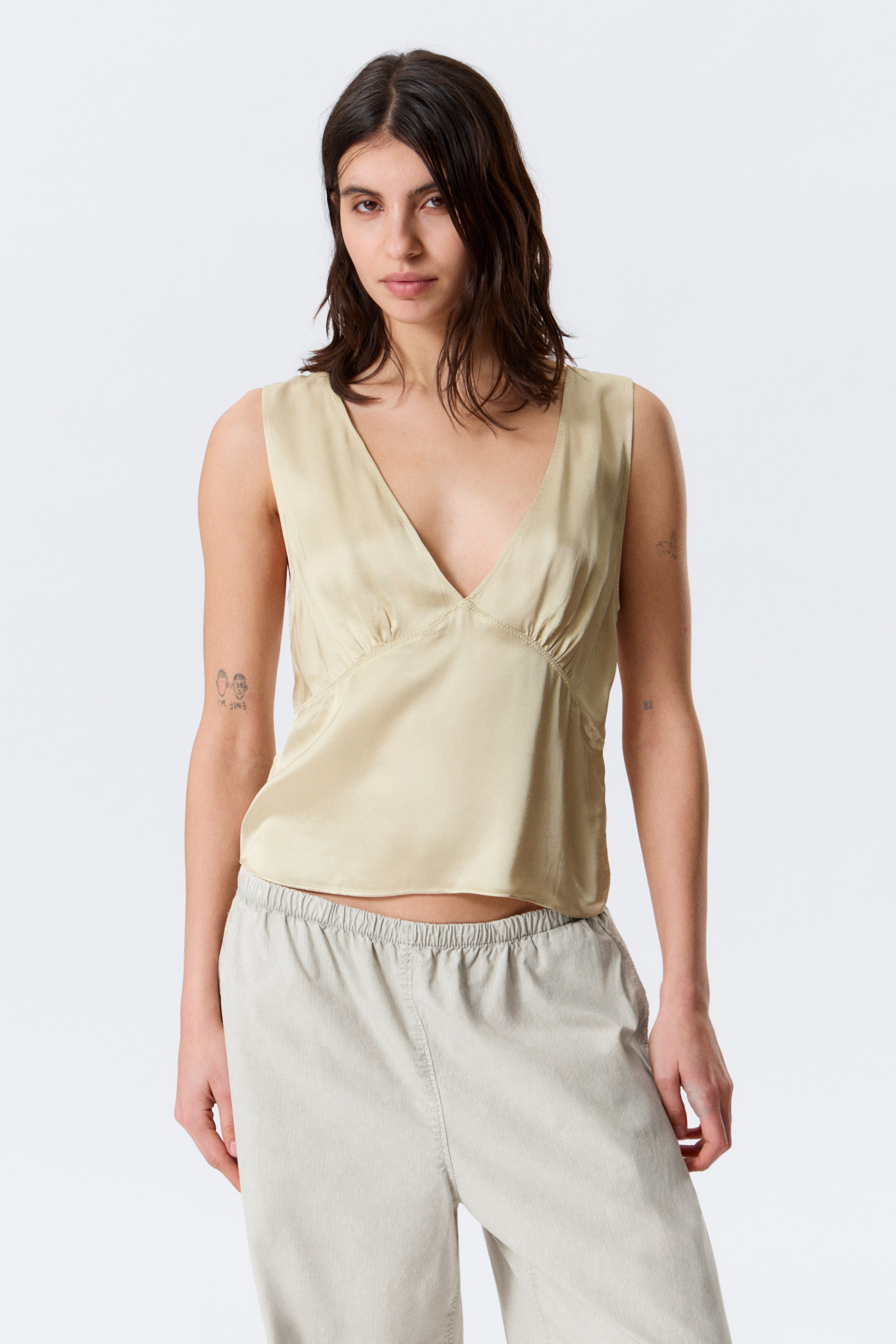 Light Dusty Beige - Sleeveless V-neck Satin Top - 1