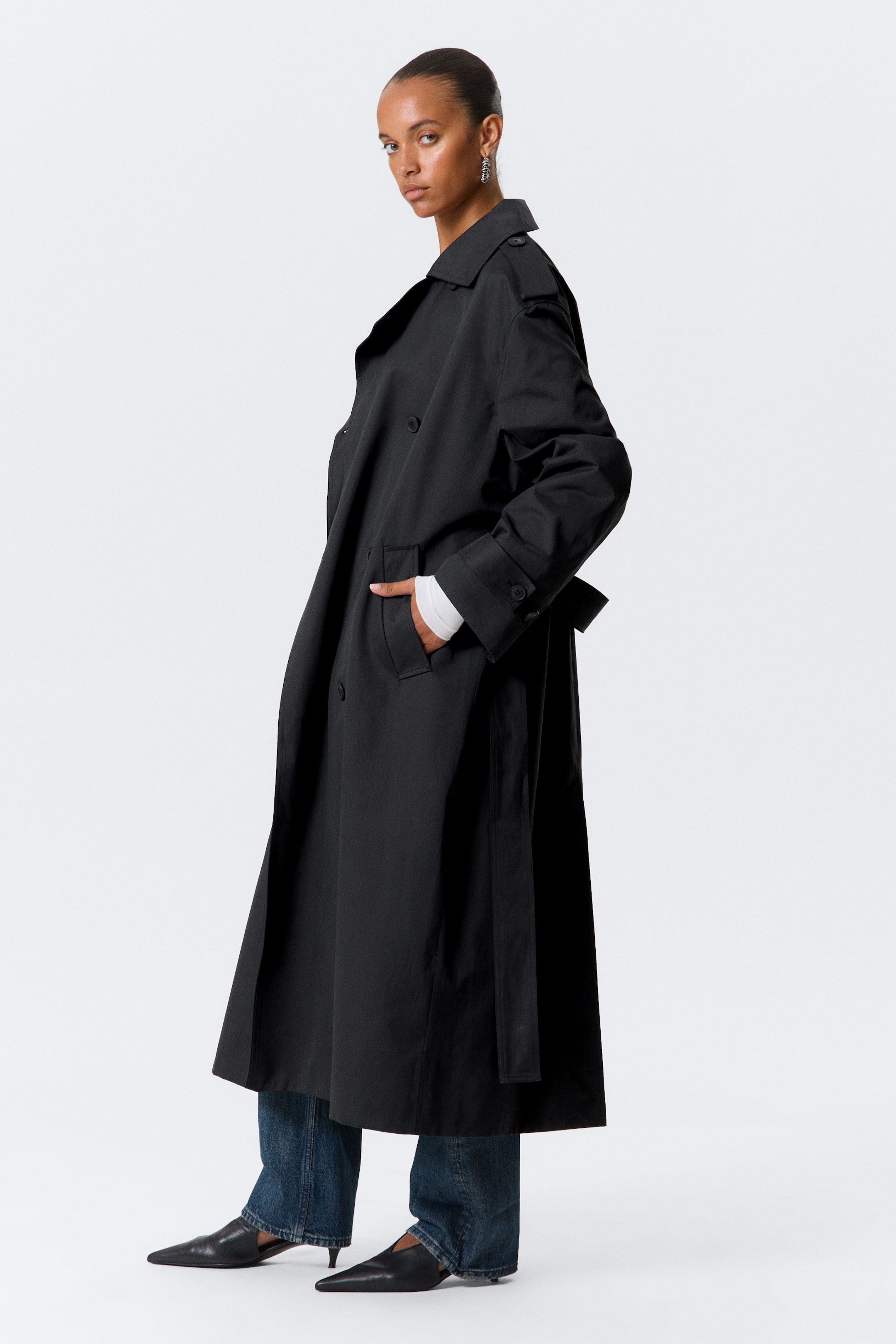 Black - Oversized Double-Breasted Canvas Trench Coat - 2