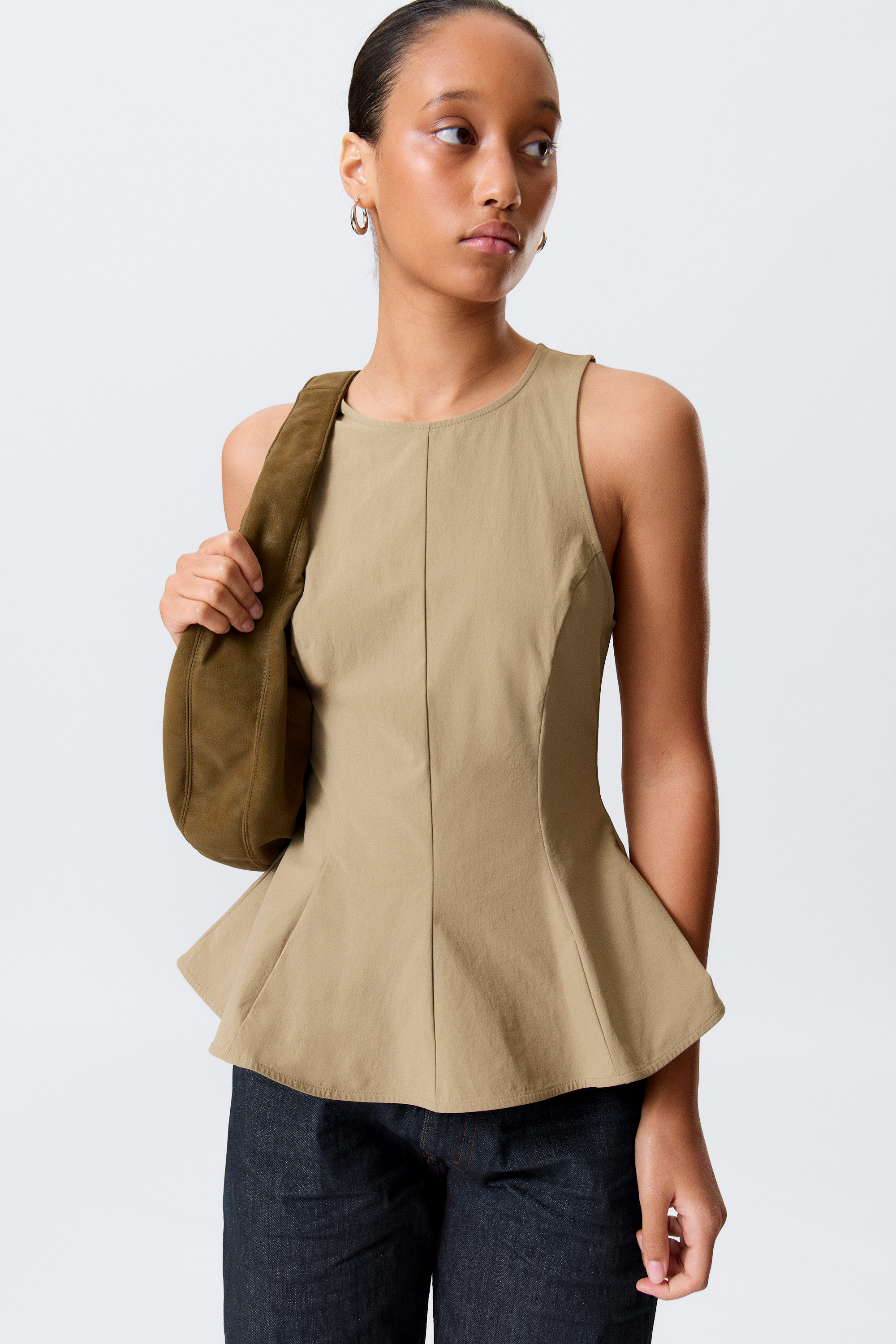 Beige - Fitted Nylon Peplum Top - 1