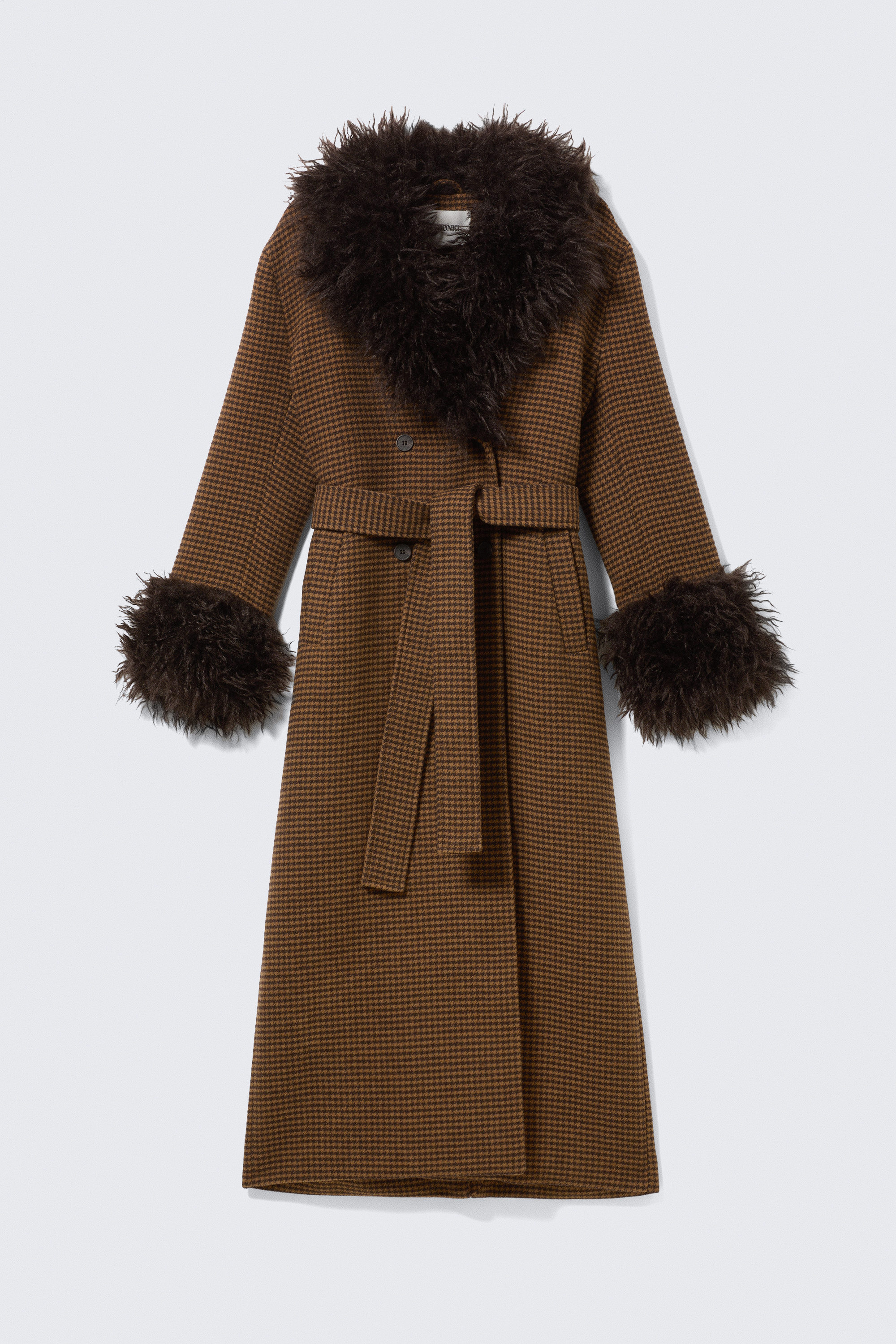 Checked Brown - Brown Faux Fur - Long Oversized Coat with Faux-Fur Trims - 4