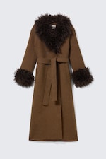 Checked Brown - Brown Faux Fur - Long Oversized Coat with Faux-Fur Trims - 4