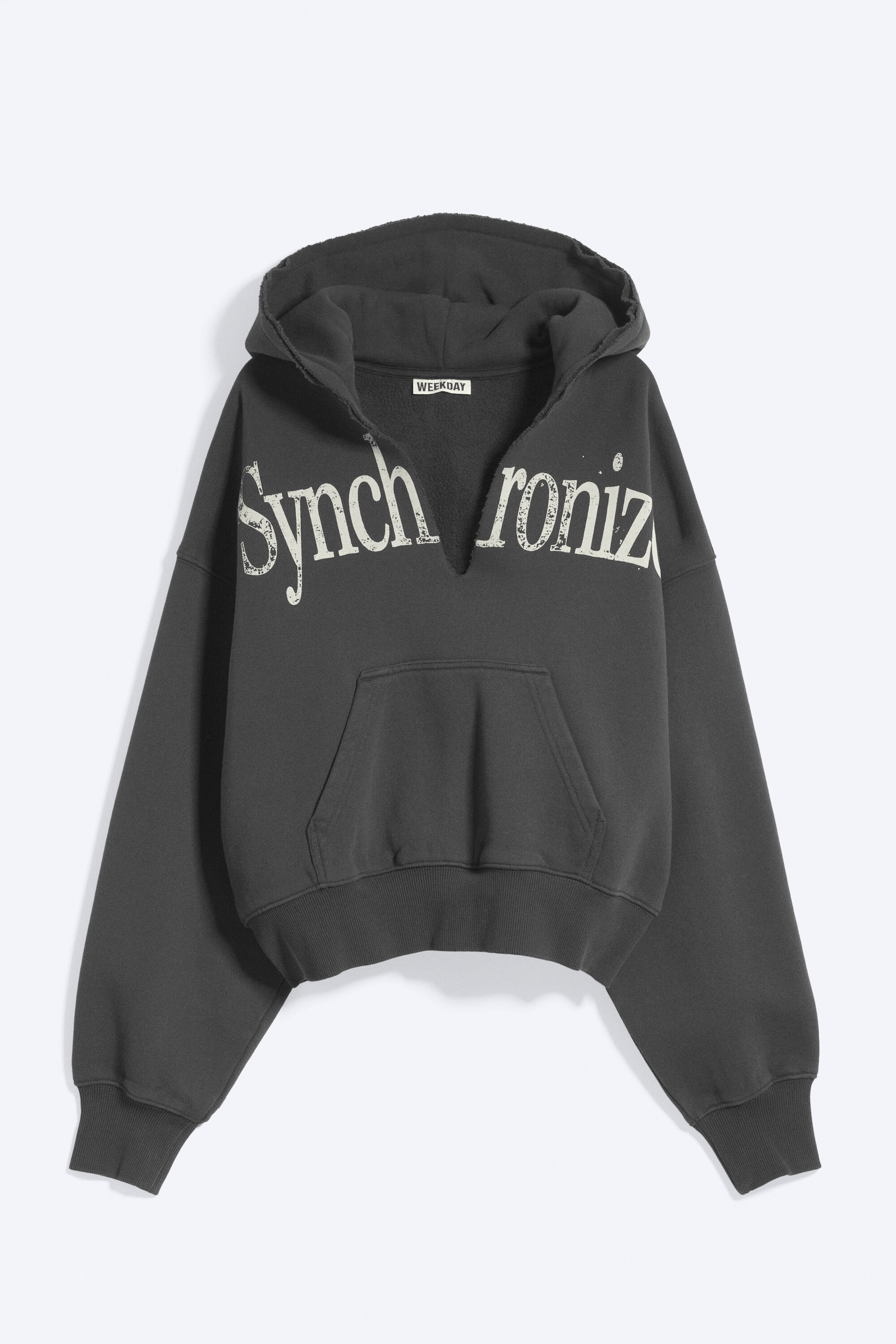 Dark Grey - Synchronize - Oversized Printed V-Neck Hoodie - 4