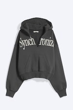 Dark Grey - Synchronize - Oversized Printed V-Neck Hoodie - 4