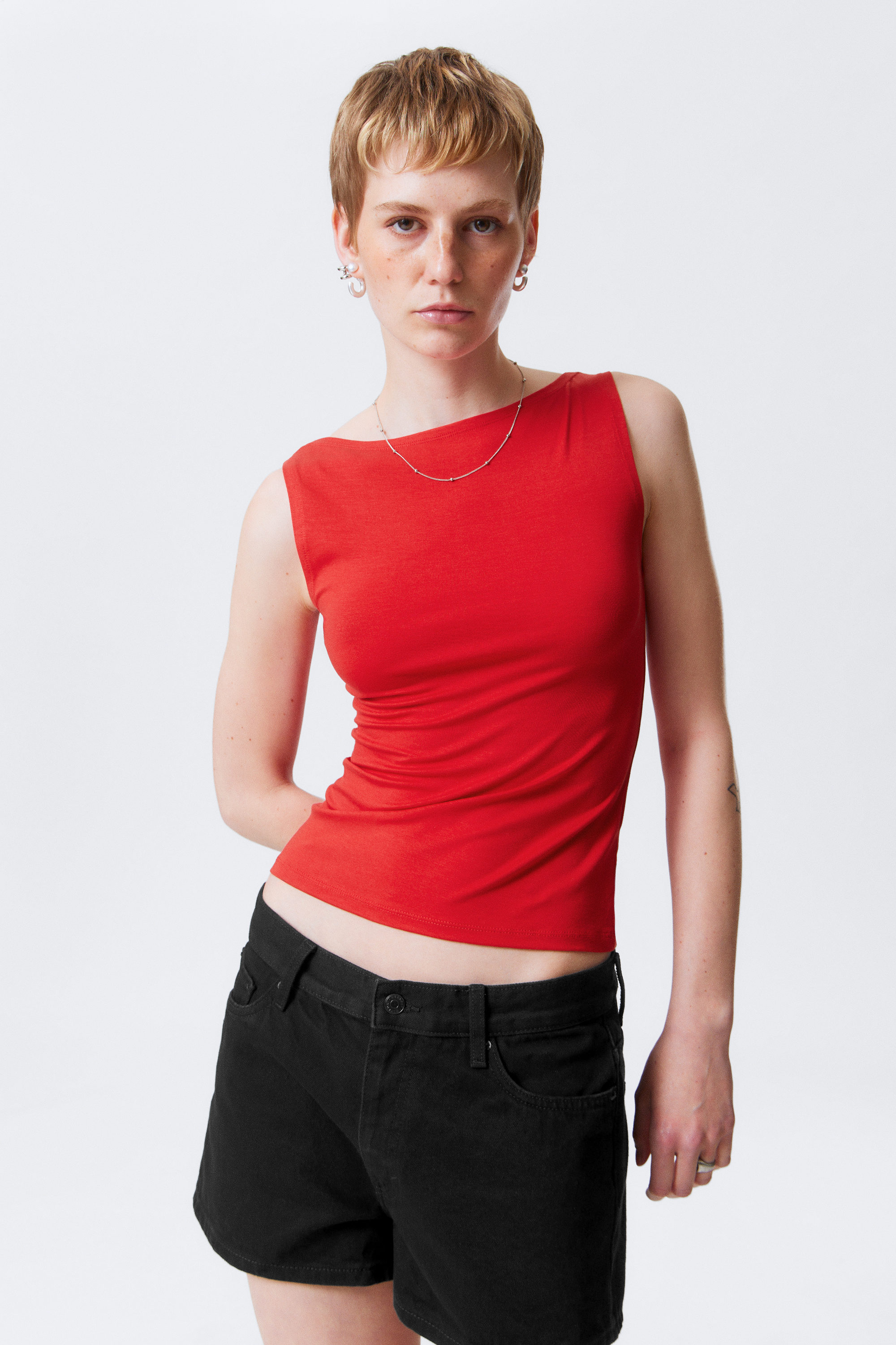 Red - Annie Soft Sleeveless Boat-Neck Top - 1