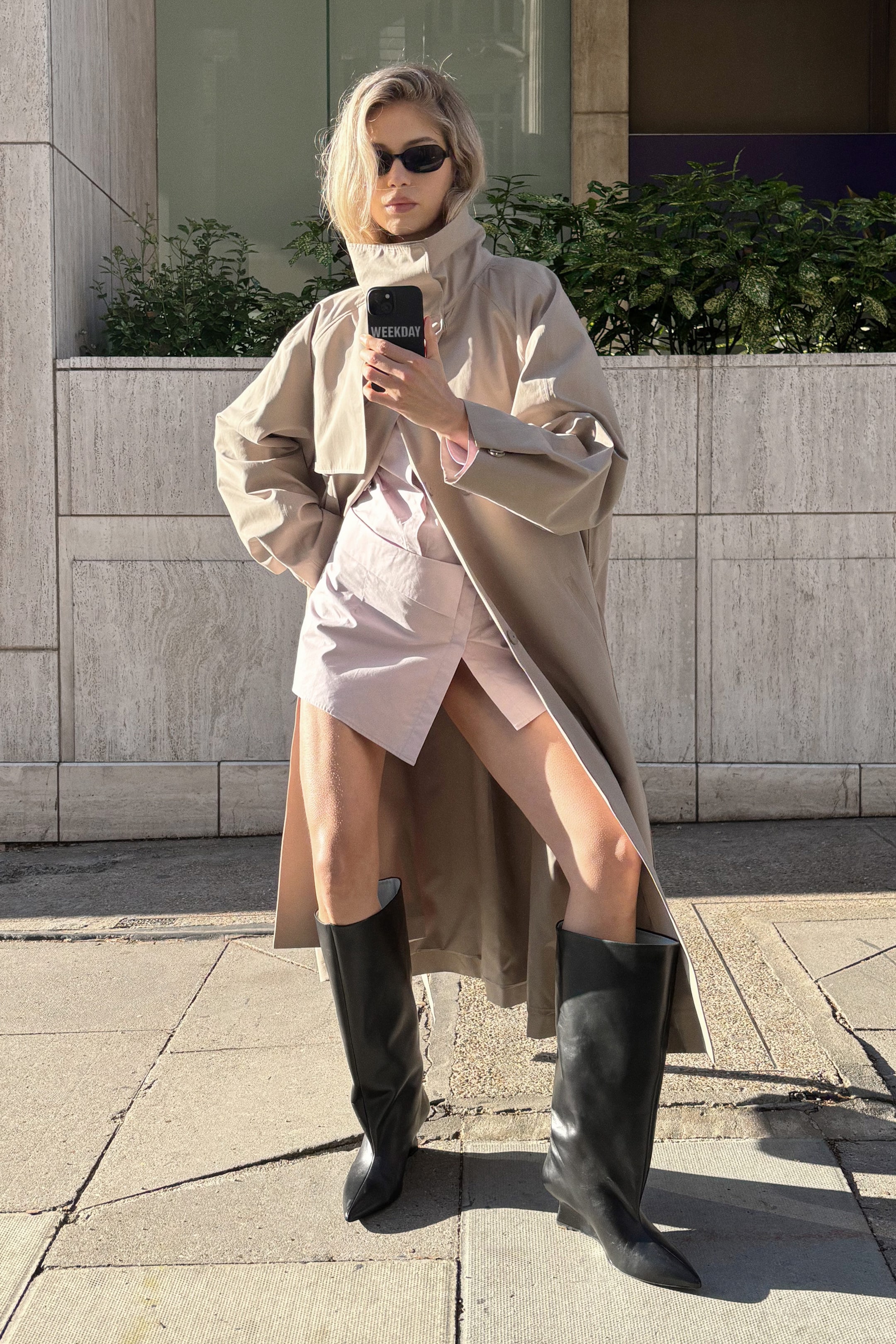 Beige - Loose Fit Trench Coat with Funnel Collar - 1