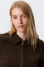 Brown Corduroy - Fitted Corduroy Zip-Up Jacket - 1