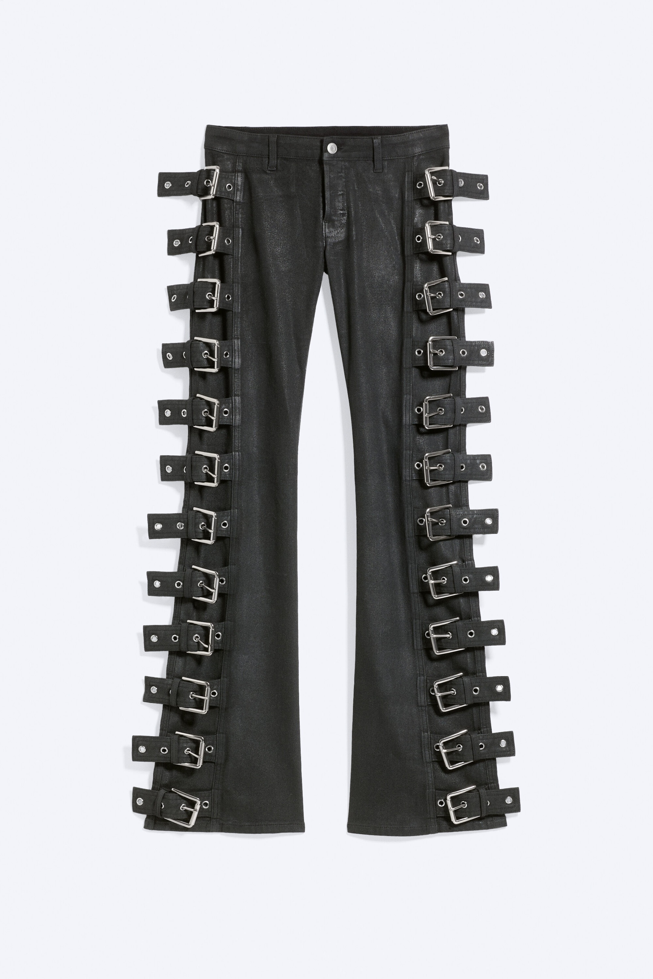 Beschichtetes Schwarz - Low Waist Buckle Straight Coated Jeans - 1