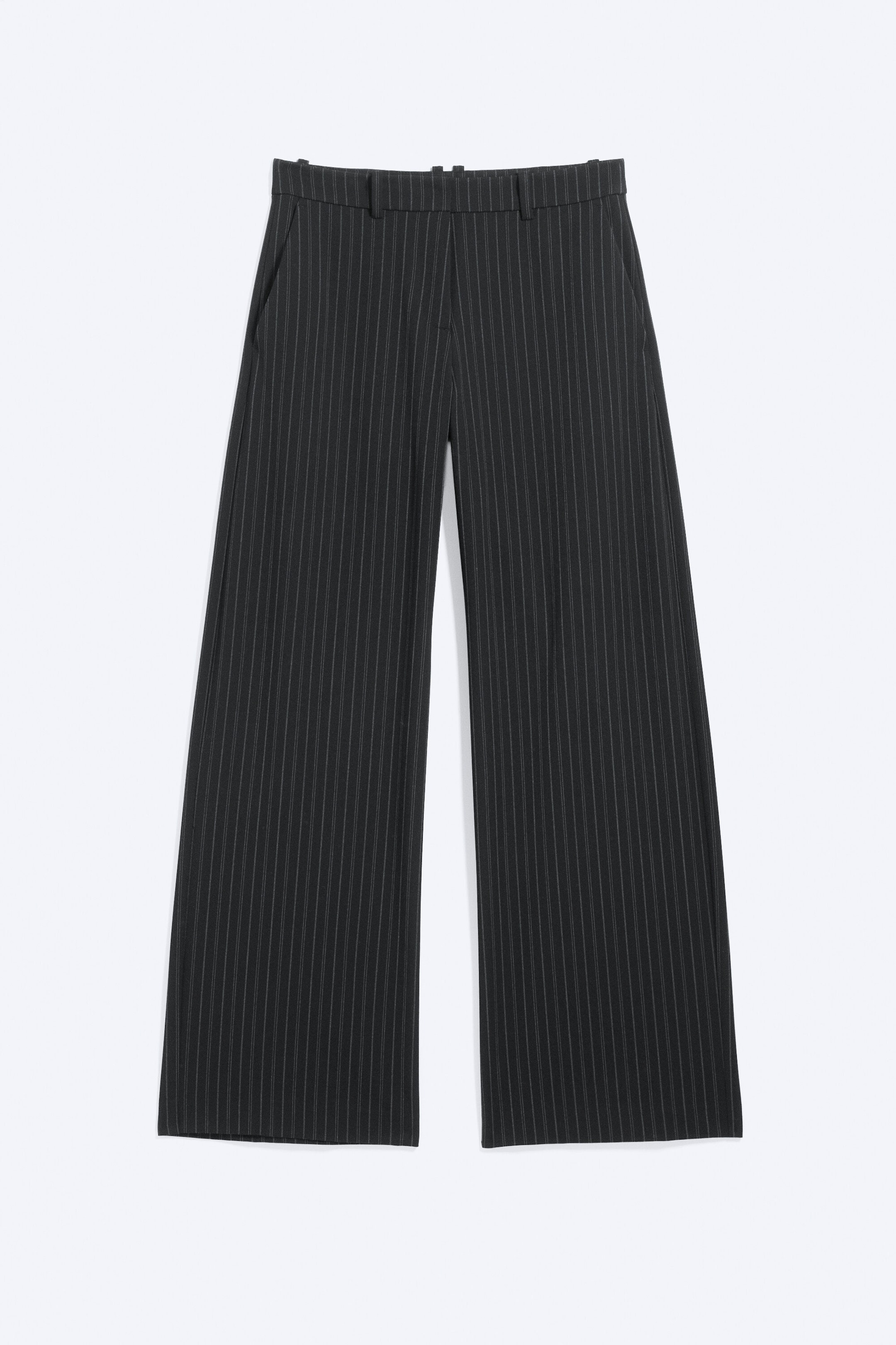 Pinstriped Black - Low-Waisted Loose Fit Suit Trousers - 1