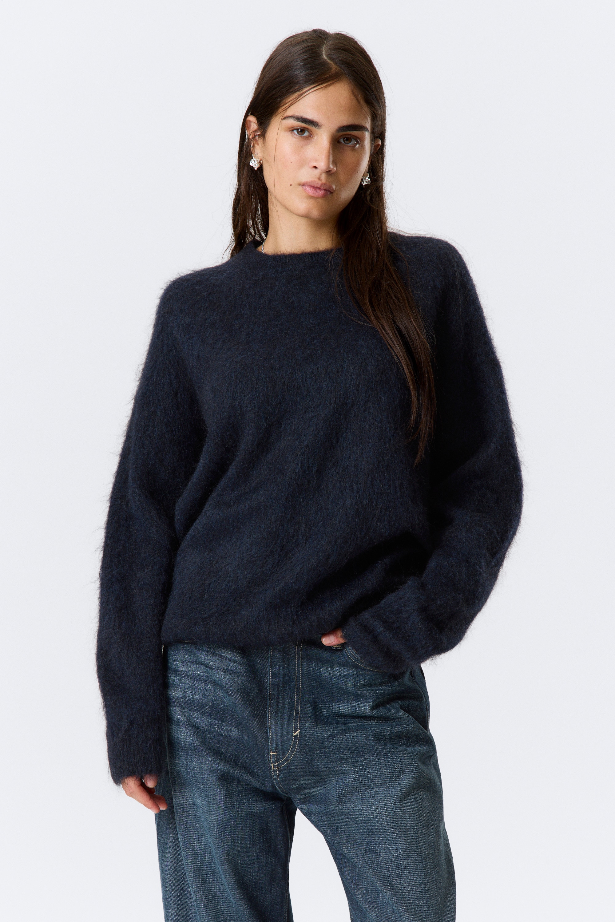 Oversized Knitted Mohair Blend Sweater - Tmavě modrá melange/Hnědá/Tmavě zelená/Béžová