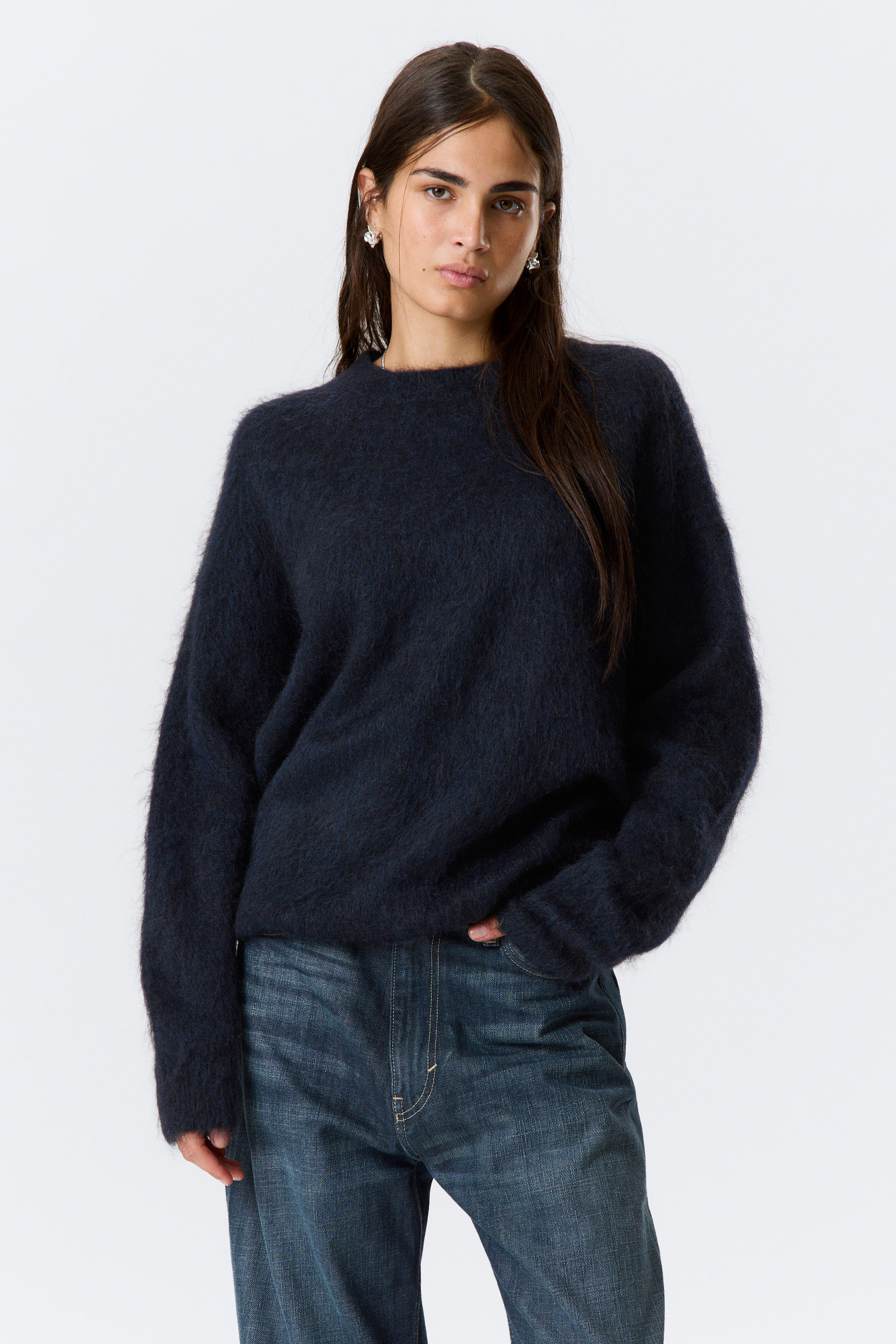 Dunkelblau meliert - Oversized-Strickpullover aus Mohairmischung - 1