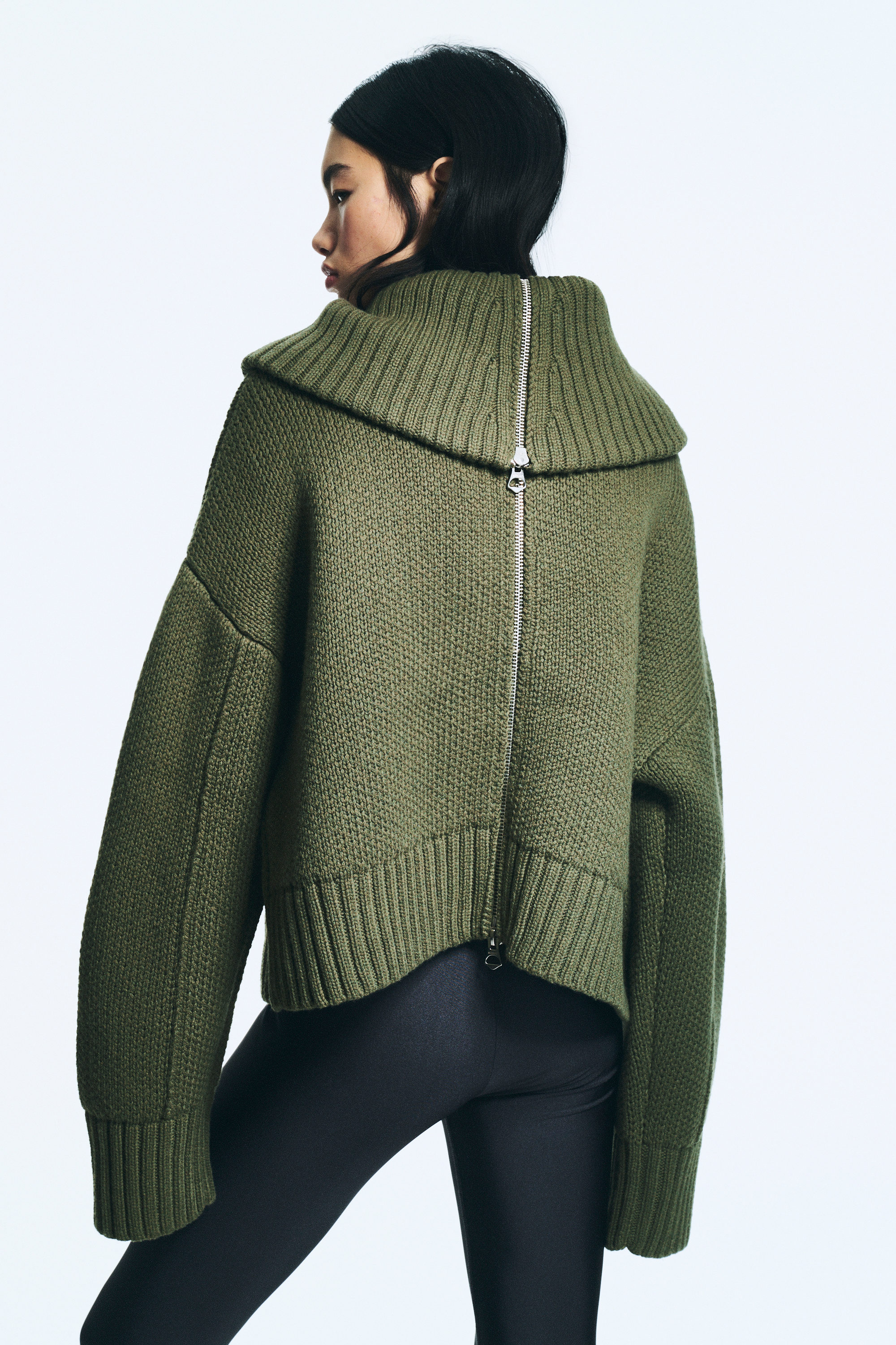 Khaki Green - Knitted Funnel Neck Dual Zip Sweater - 2