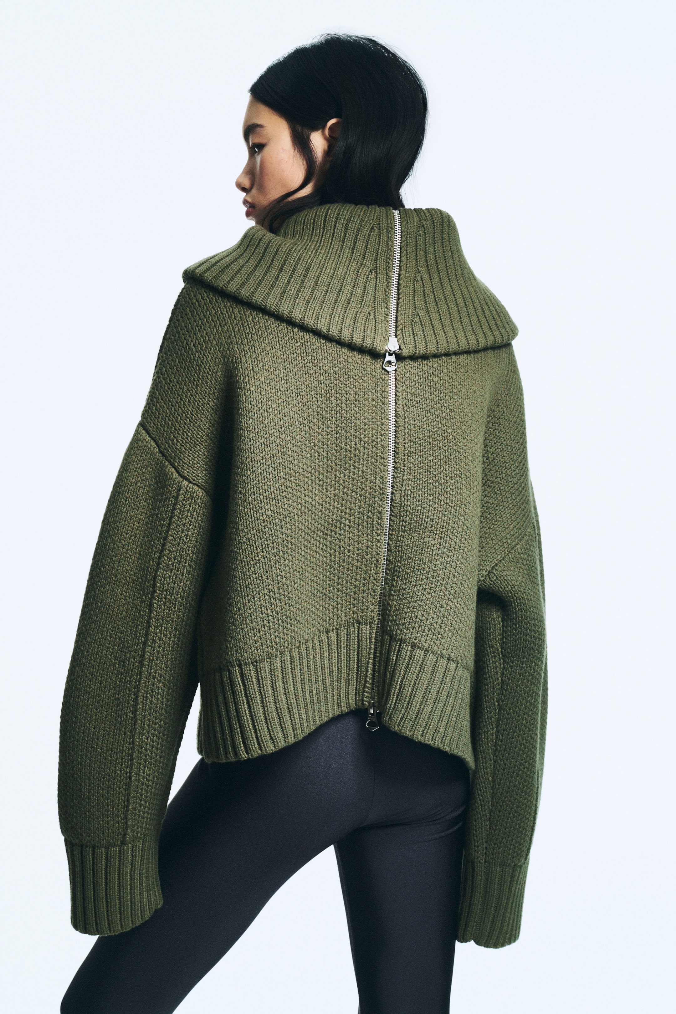 Khaki Green - Knitted Funnel Neck Dual Zip Sweater - 2