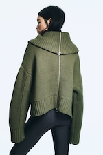 Khaki Green - Knitted Funnel Neck Dual Zip Sweater - 2