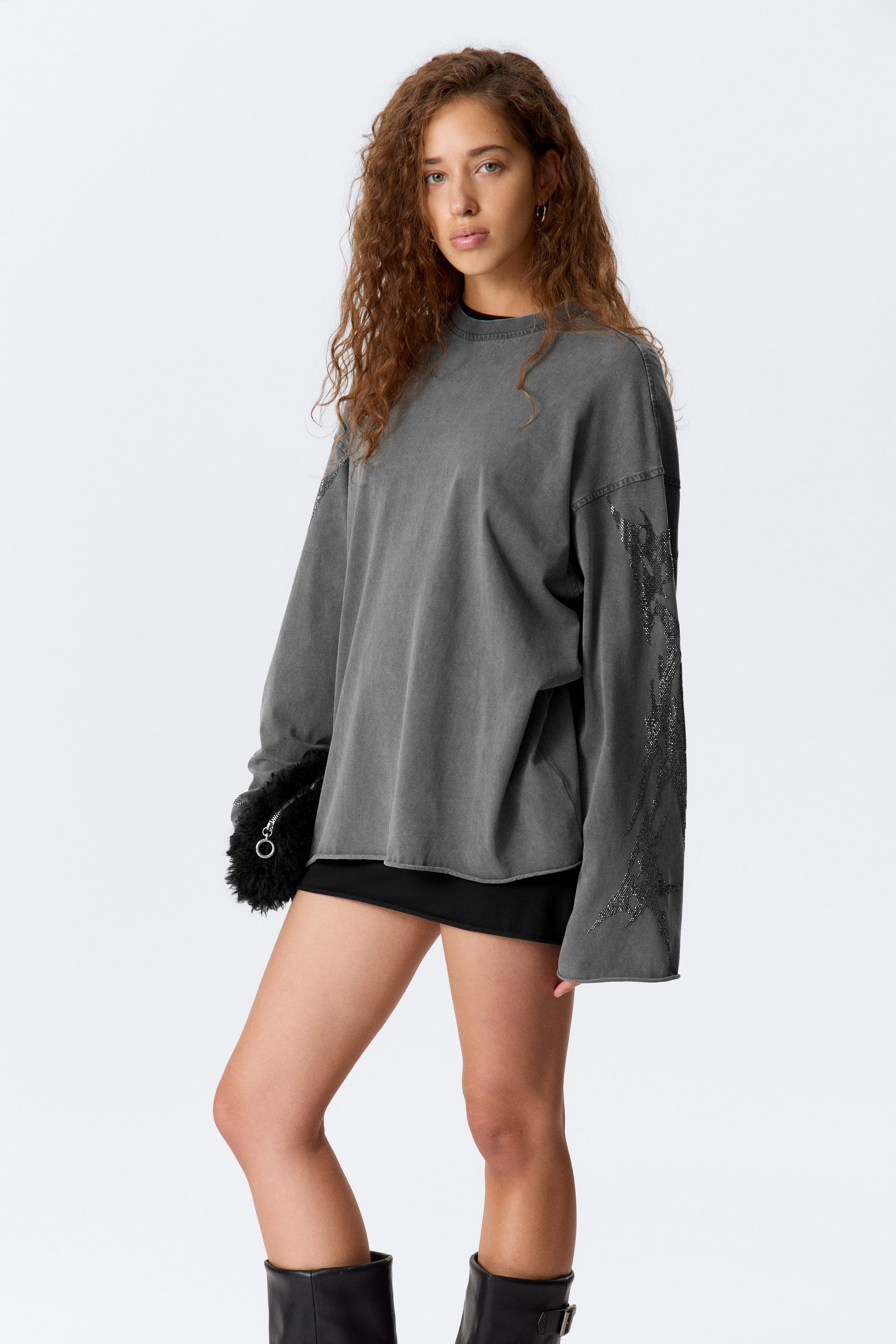 Dark Grey - Oversized Long-Sleeved Rhinestone T-shirt - 1