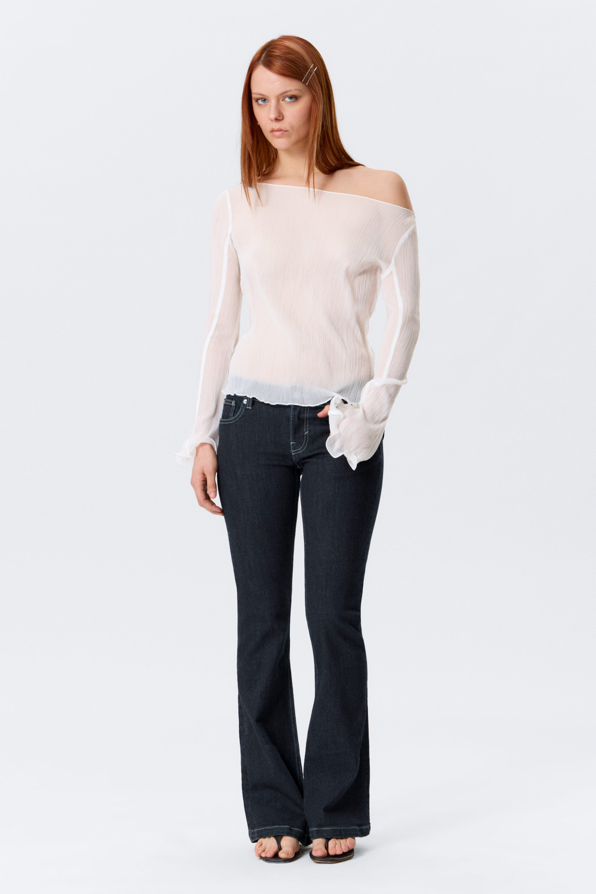 sheer boat-neck flared sleeve blouse - White | Monki EU
