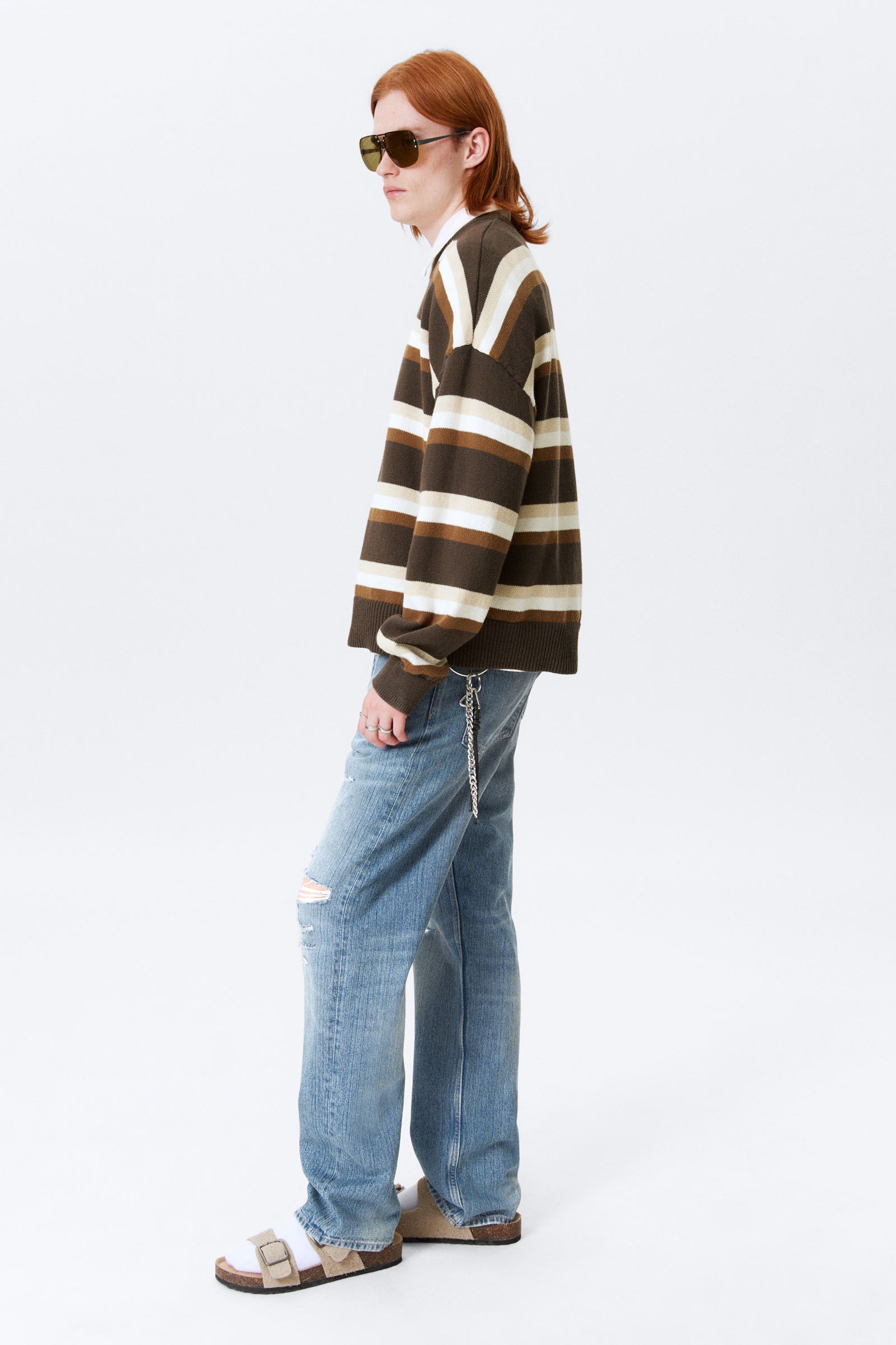 Striped Brown - Knitted Oversized Boxy Cotton Sweater - 3