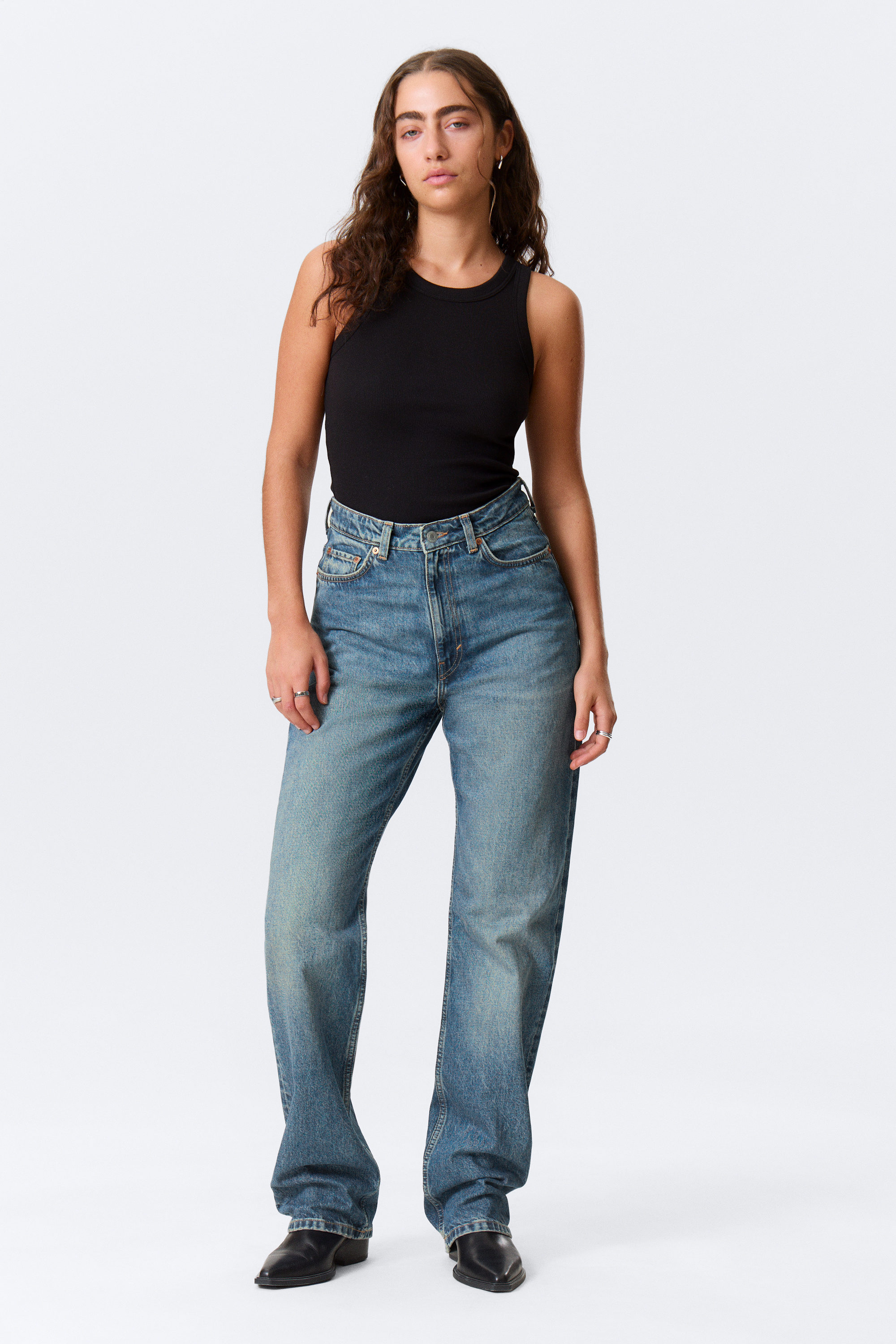 Iron Blue - Medium Blue - Rowe Super High Waisted Regular Straight Leg Jeans - 1