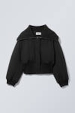 Black - Cropped Rib Funnel Neck Bomber Jacket - 0