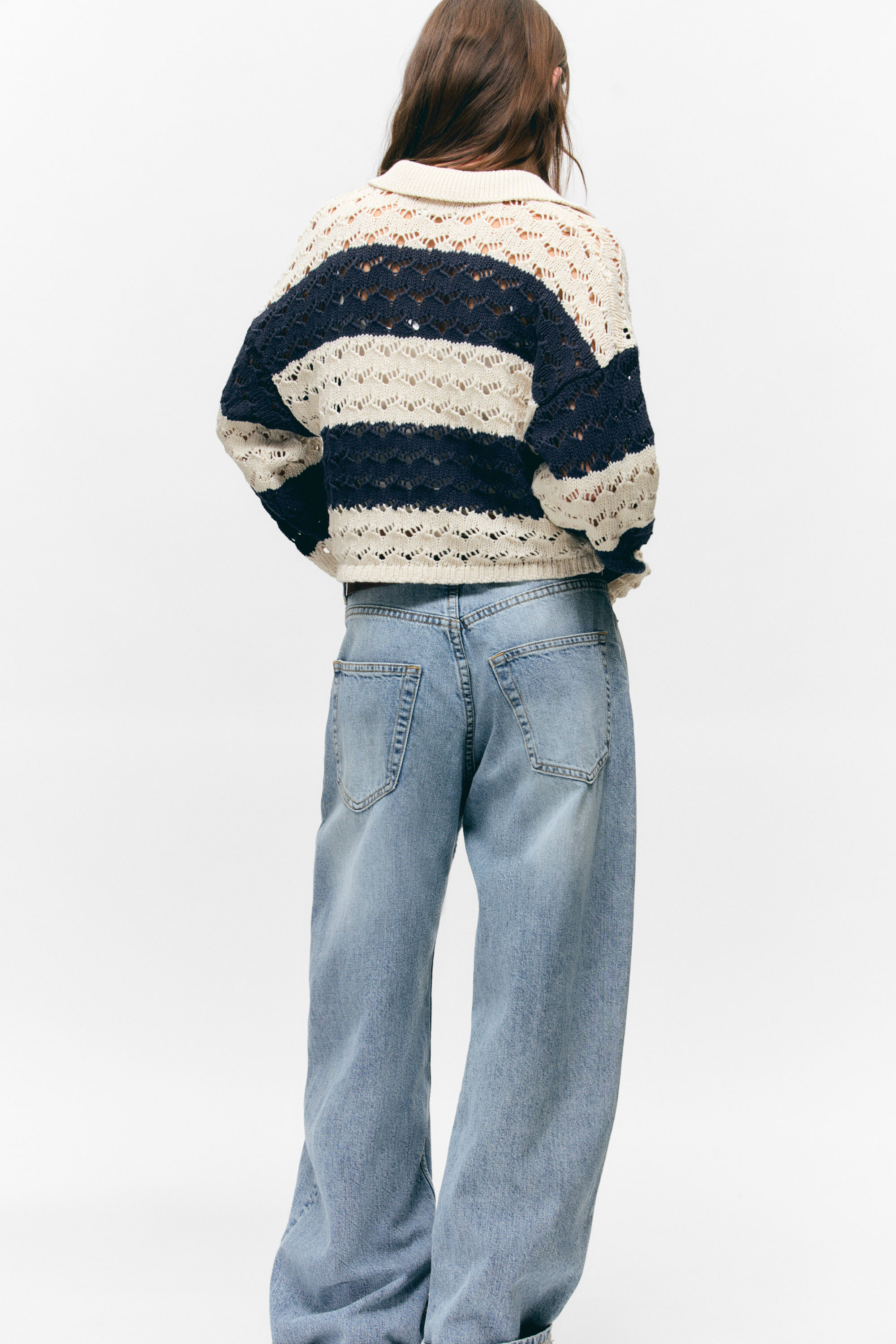 White & Dark Blue Stripe - Loose Open-Knit Sweater - 4