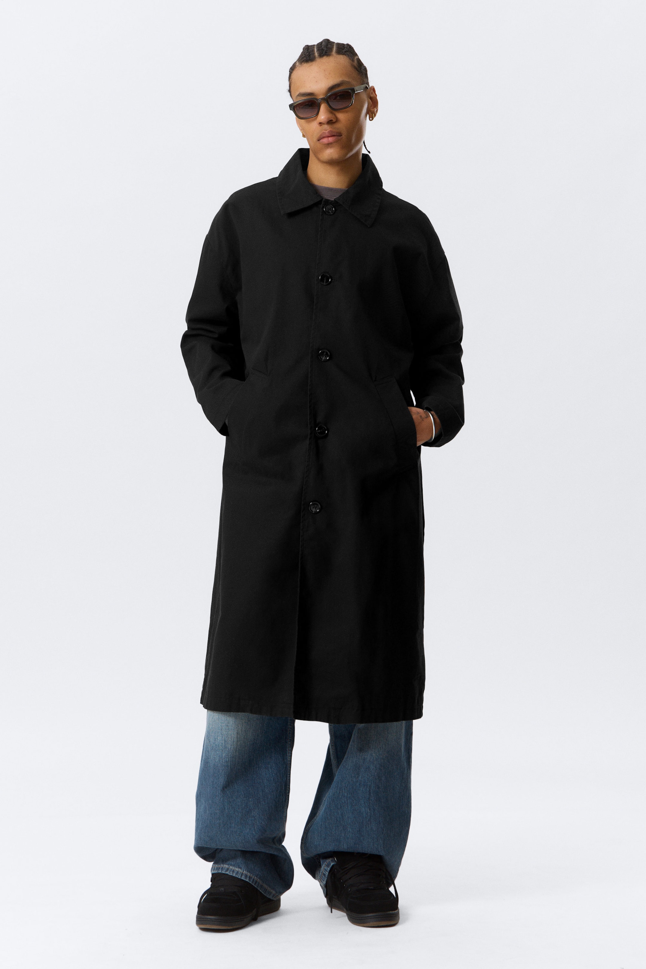 Washed Black - Long Single-Breasted Cotton Car Coat - 1