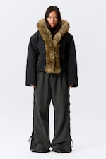 Black - Oversized Puffer Jacket with Faux Fur - 0