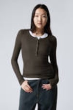 Dark Brown - Sheer Rib Long Sleeve Henley Top - 0