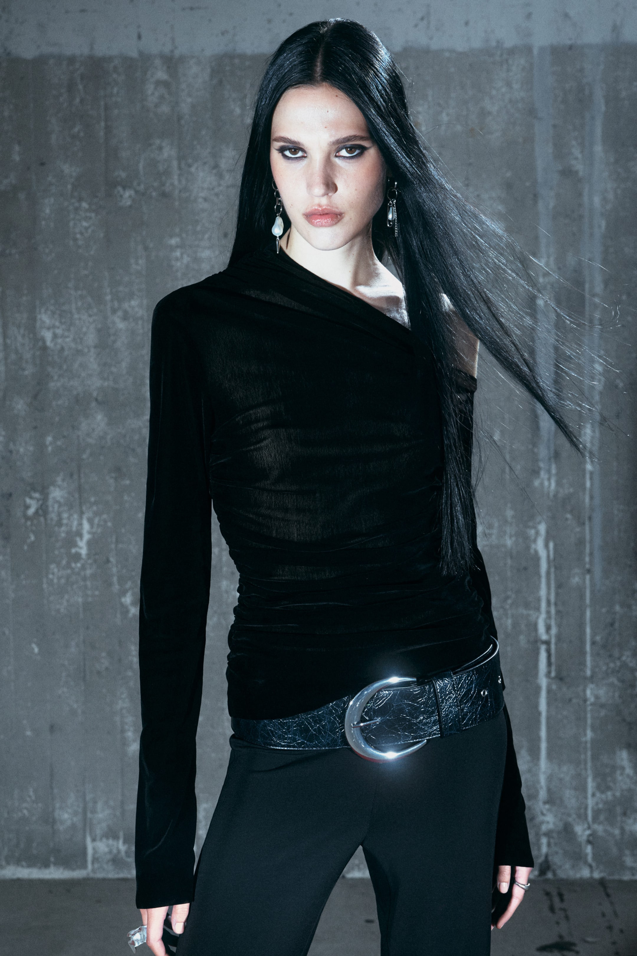 Black - Draped Asymmetric Velvet Mesh Top - 1