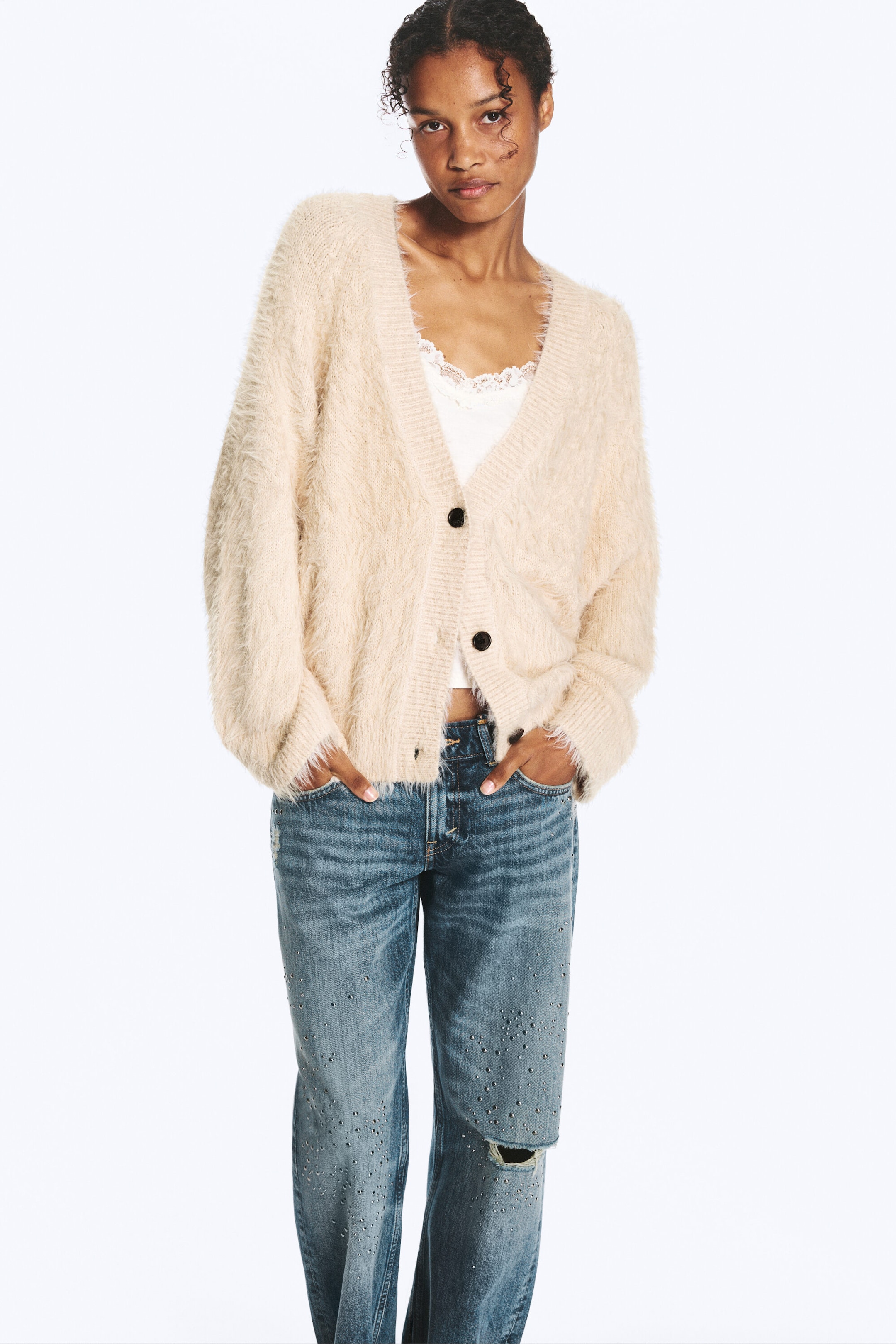 Beige - Cardigan oversize à col en V - 1
