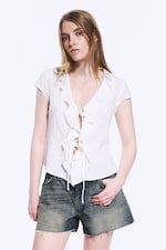White - Frilled Tie-Front Top - 0