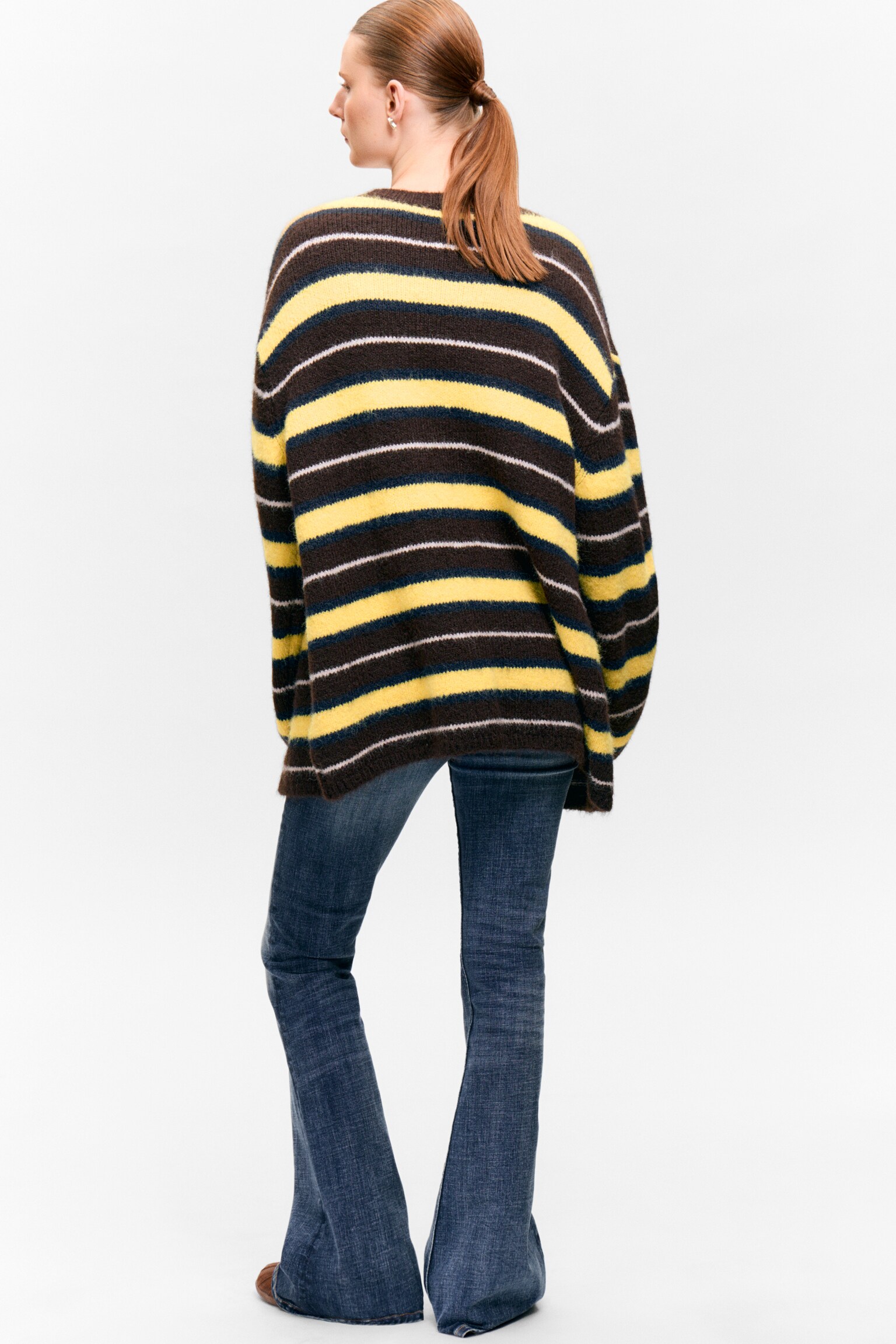 Soft Knit V-Neck Cardigan - Dark Brown & Yellow Stripes/Black/Plum/Green/Beige Stripe/Dusty Beige - 3