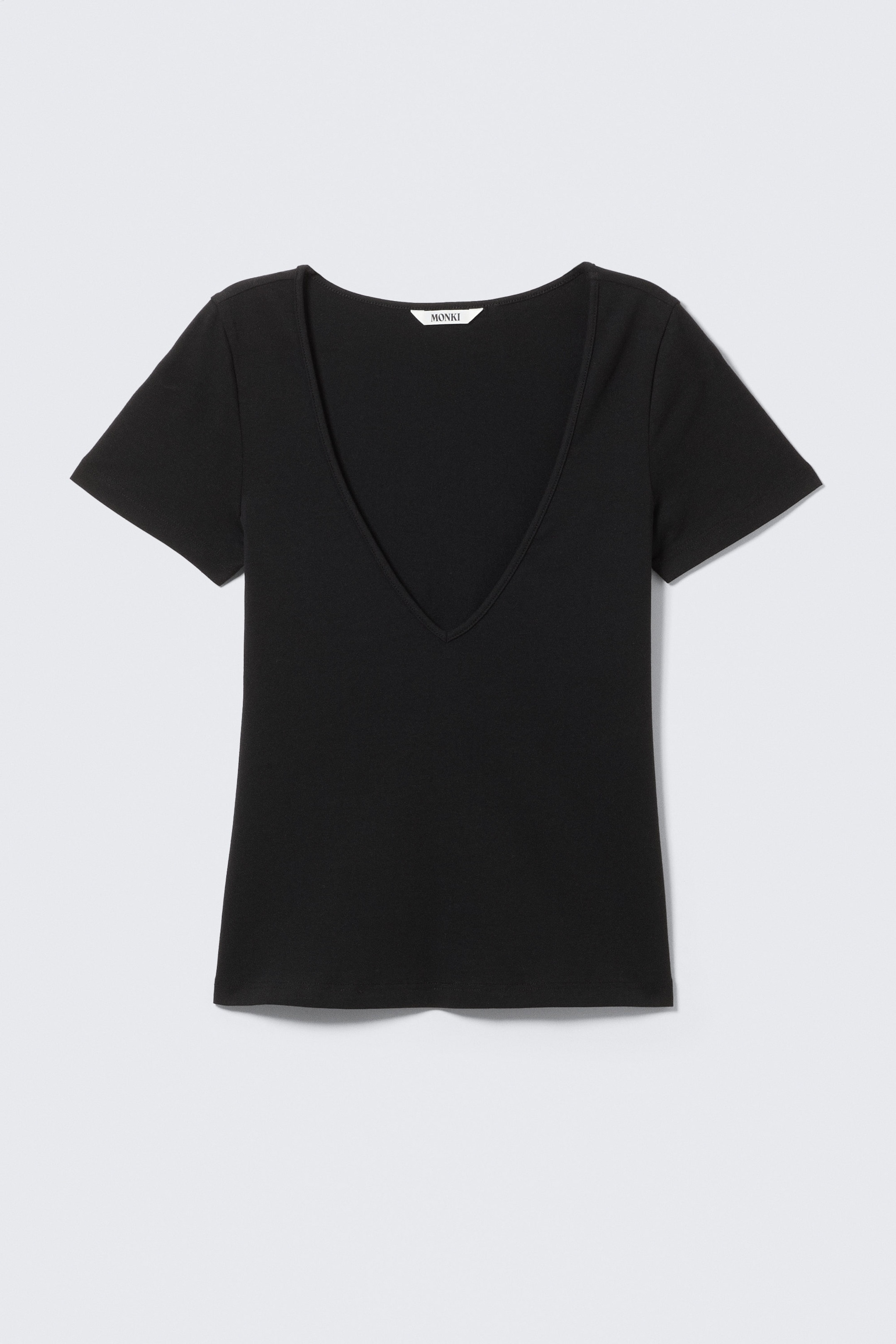 Schwarz - Schmales T-Shirt mit tiefem V-Ausschnitt - 1