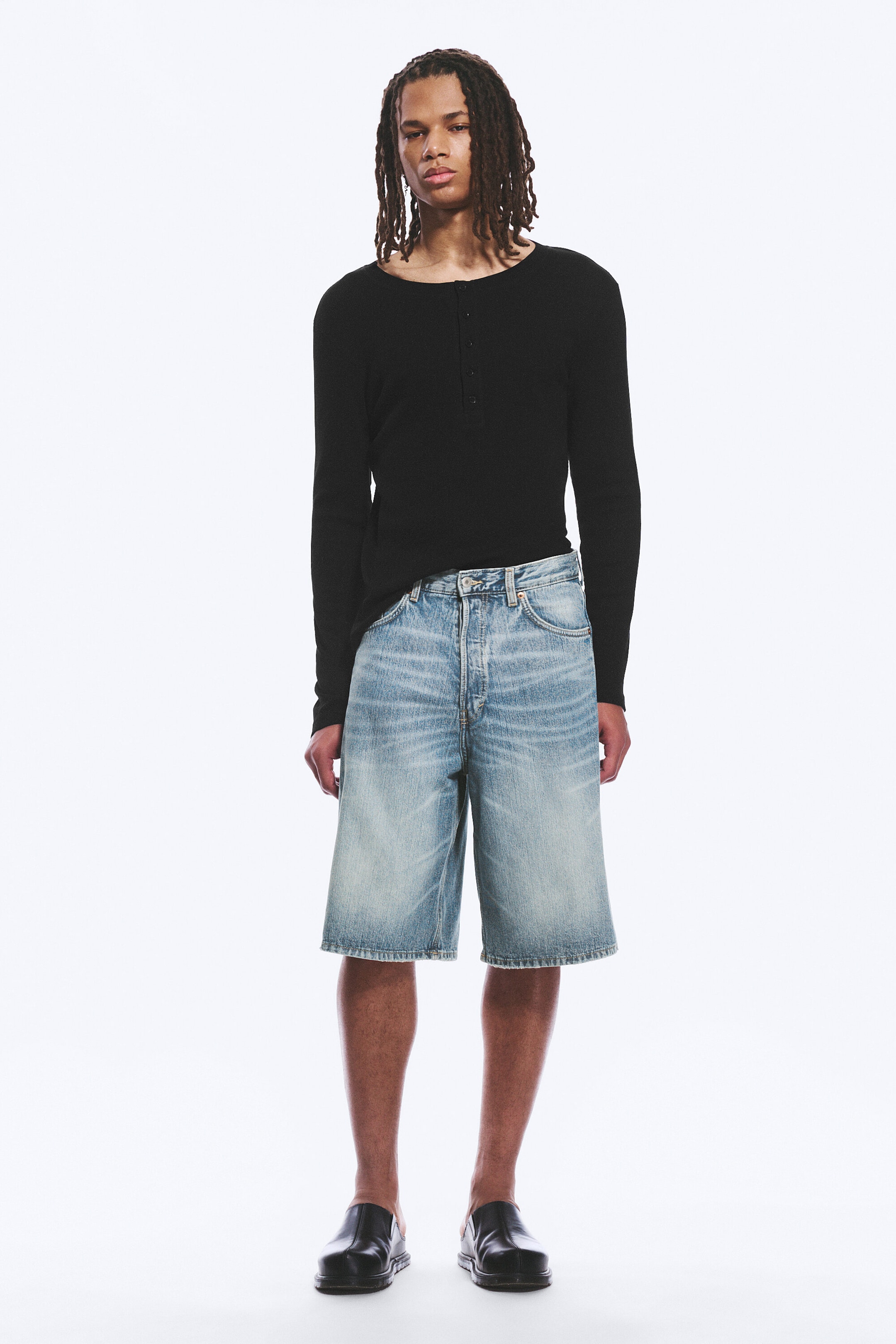 Blue Stream - Medium Blue - Astro Mid Rise Loose Baggy Denim Shorts - 1