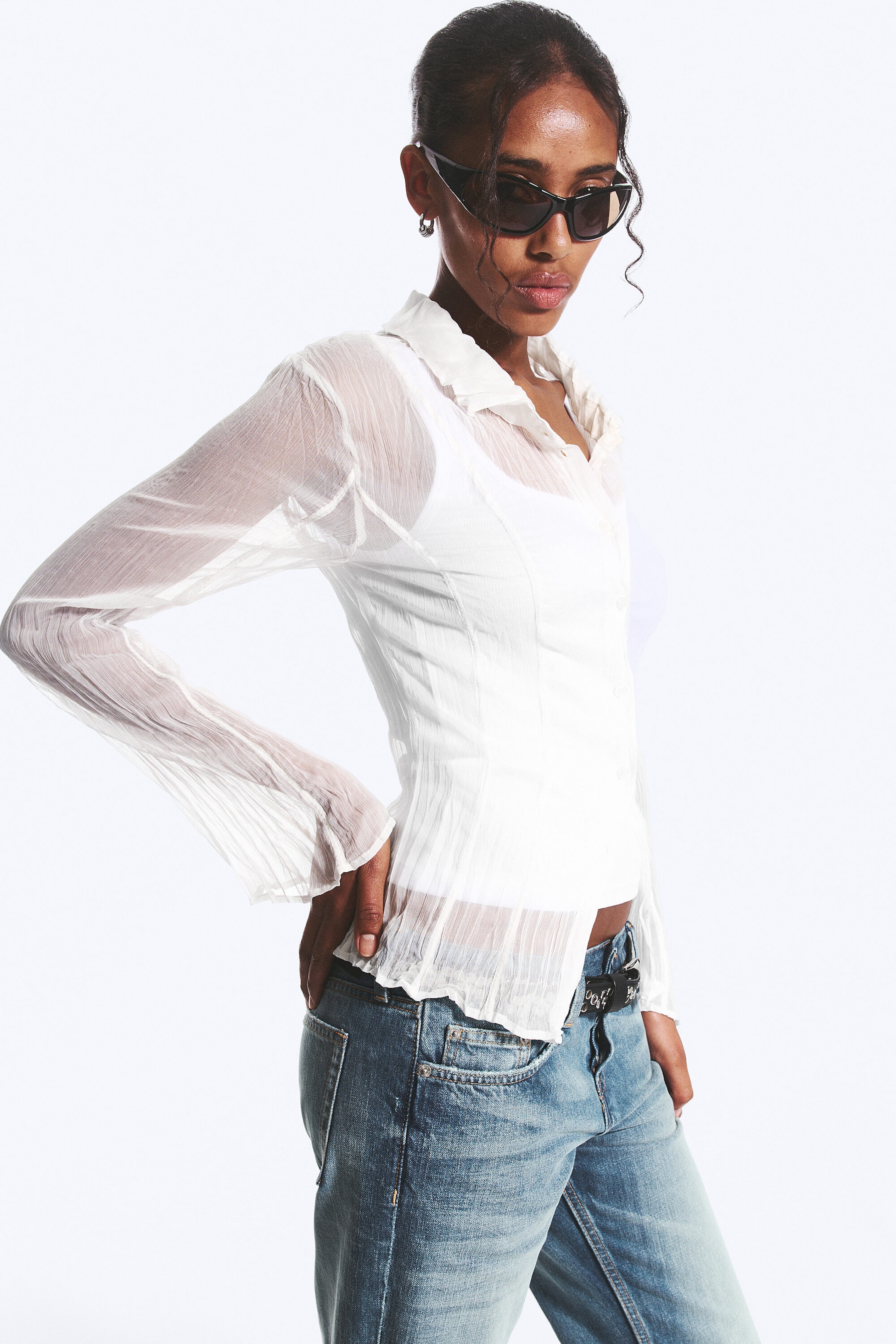 White - Sheer A-line Long-sleevd shirt - 1