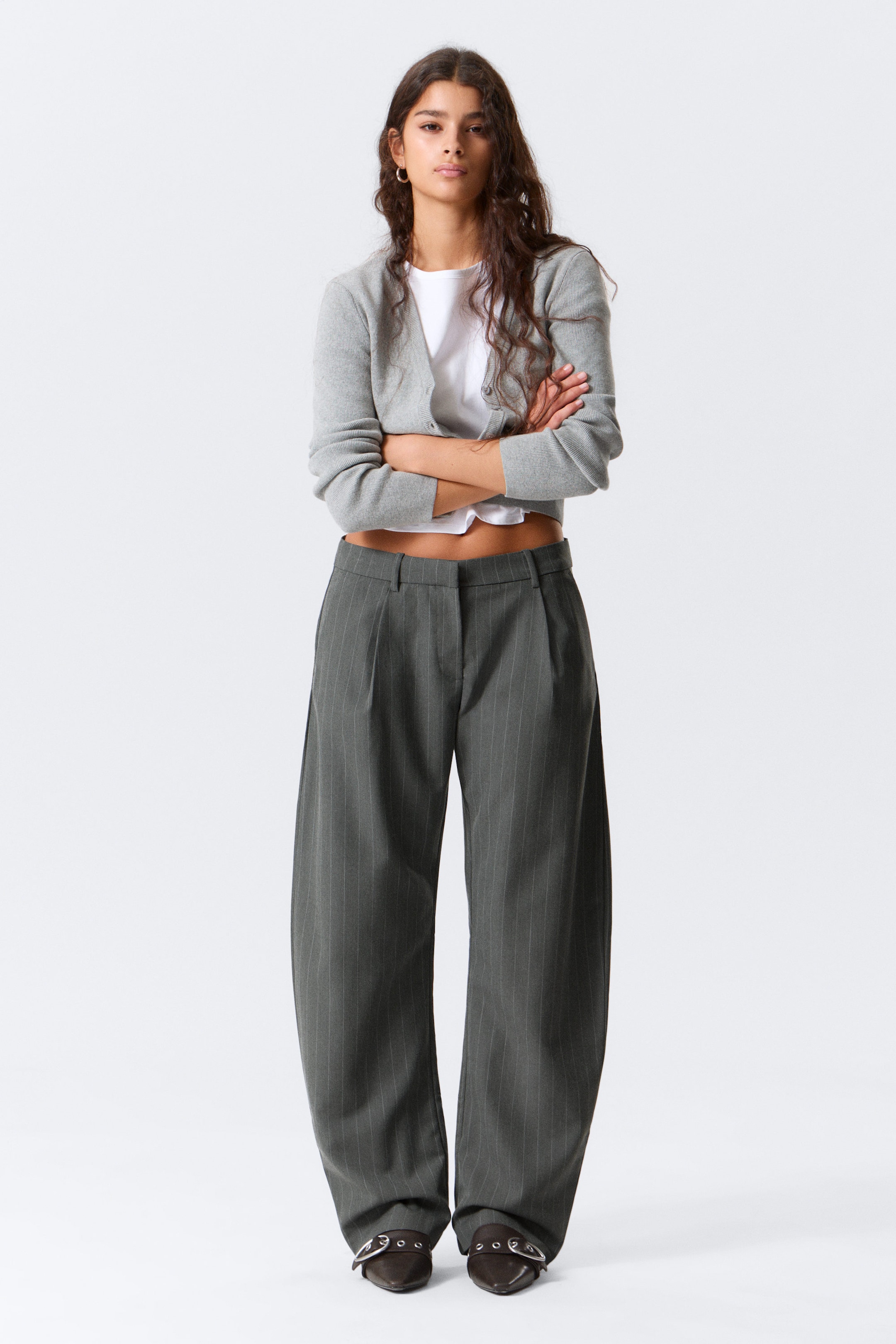 Striped Dark Grey Melange - Loose Fit Barrel Leg Suiting Trousers - 1