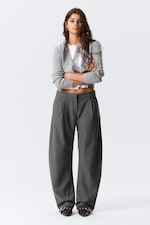 Striped Dark Grey Melange - Loose Fit Barrel Leg Suiting Trousers - 0