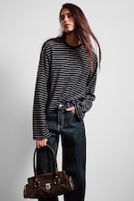 Striped Black - Long-Sleeved Boxy Cotton T-shirt - 0