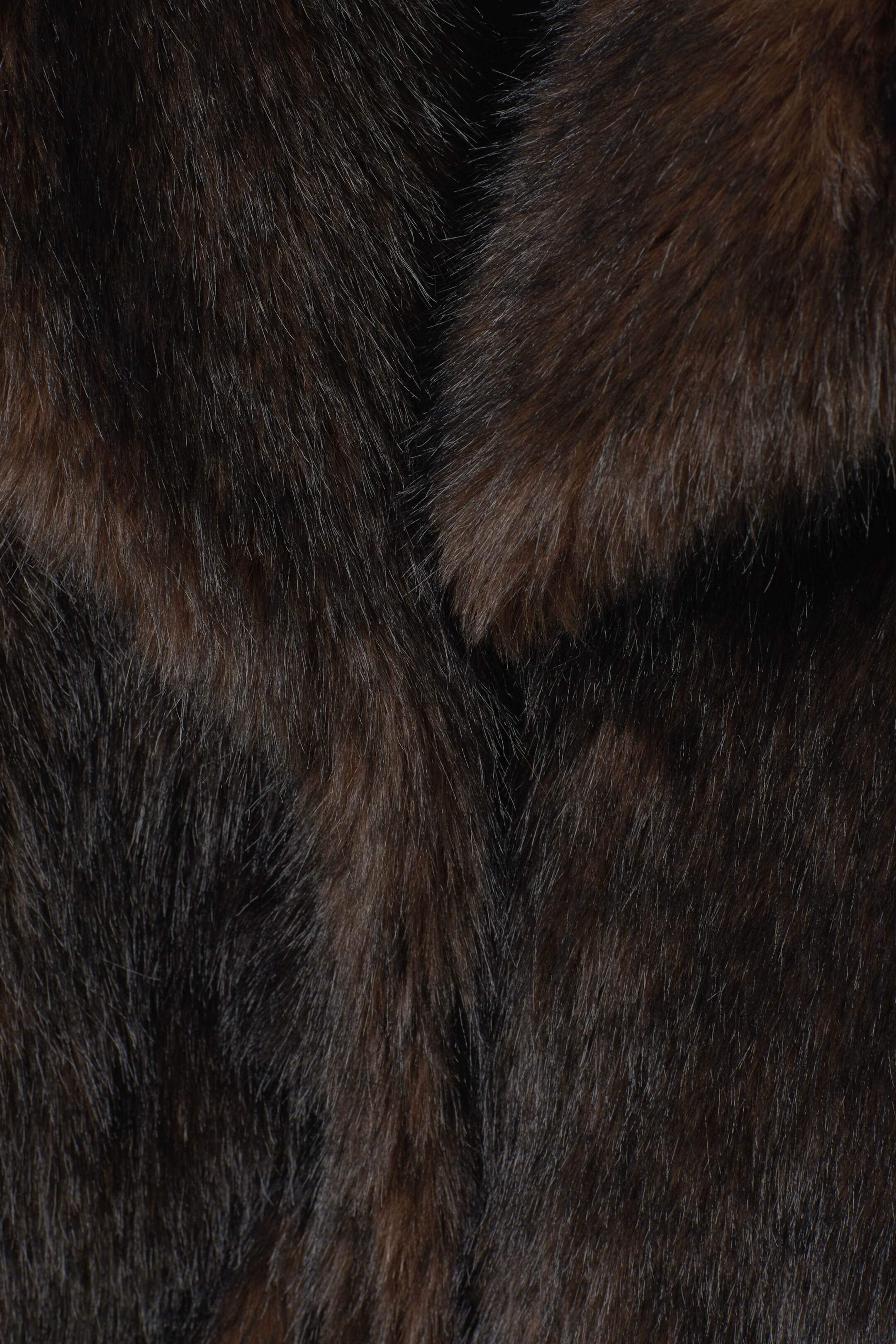 Agrandir l'image: Une fourrure brun foncé est montrée en gros plan, révélant sa texture dense et moelleuse avec des poils individuels présentant des nuances subtiles de brun-rouge et une couture centrale visible.