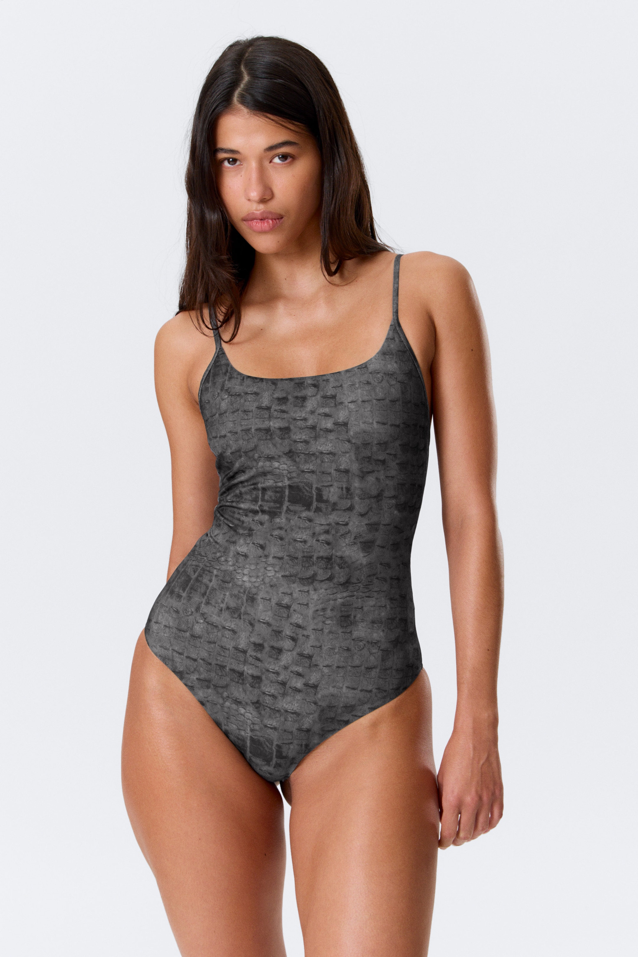 Dark Grey - Alligator Print - Square Neck Printed Swimsuit - 1